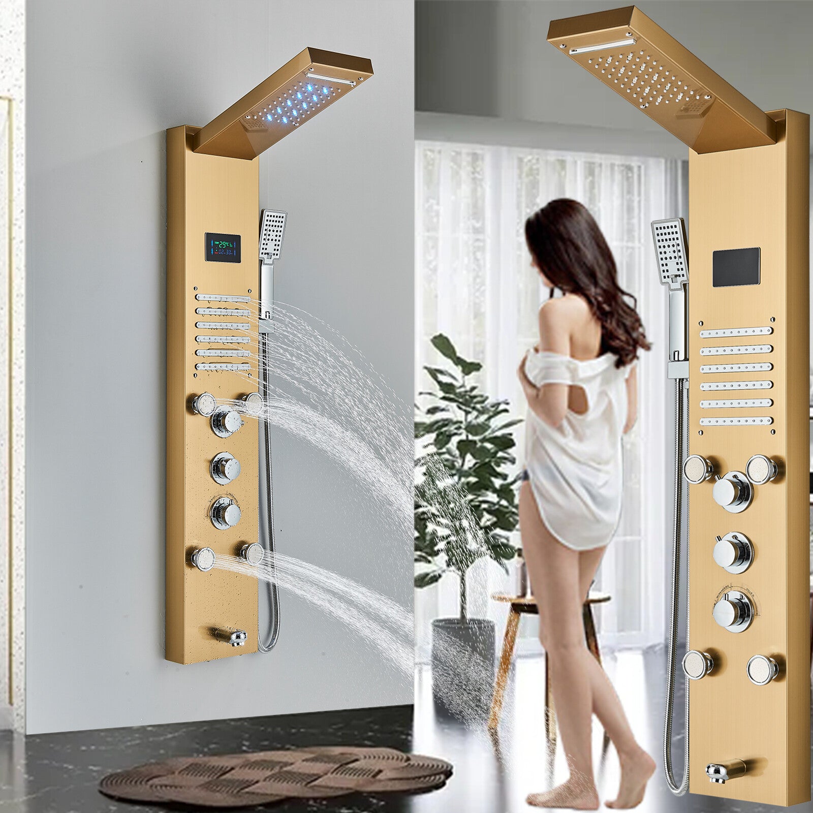 LED Shower Panel Tower Massage System Rain&Waterfall Jets Faucet Stainless Steel
