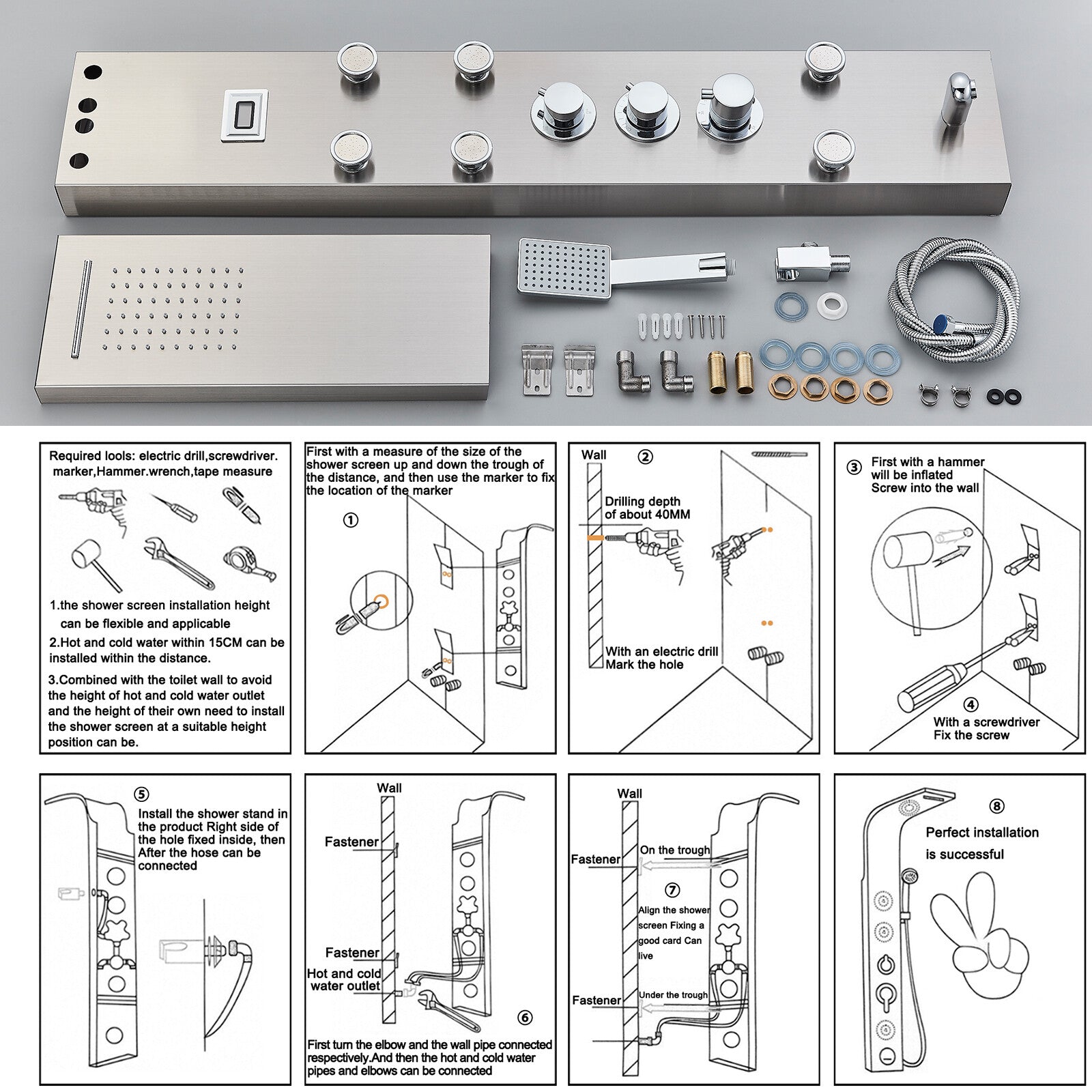 LED Shower Panel Tower Massage System Rain&Waterfall Jets Faucet Stainless Steel