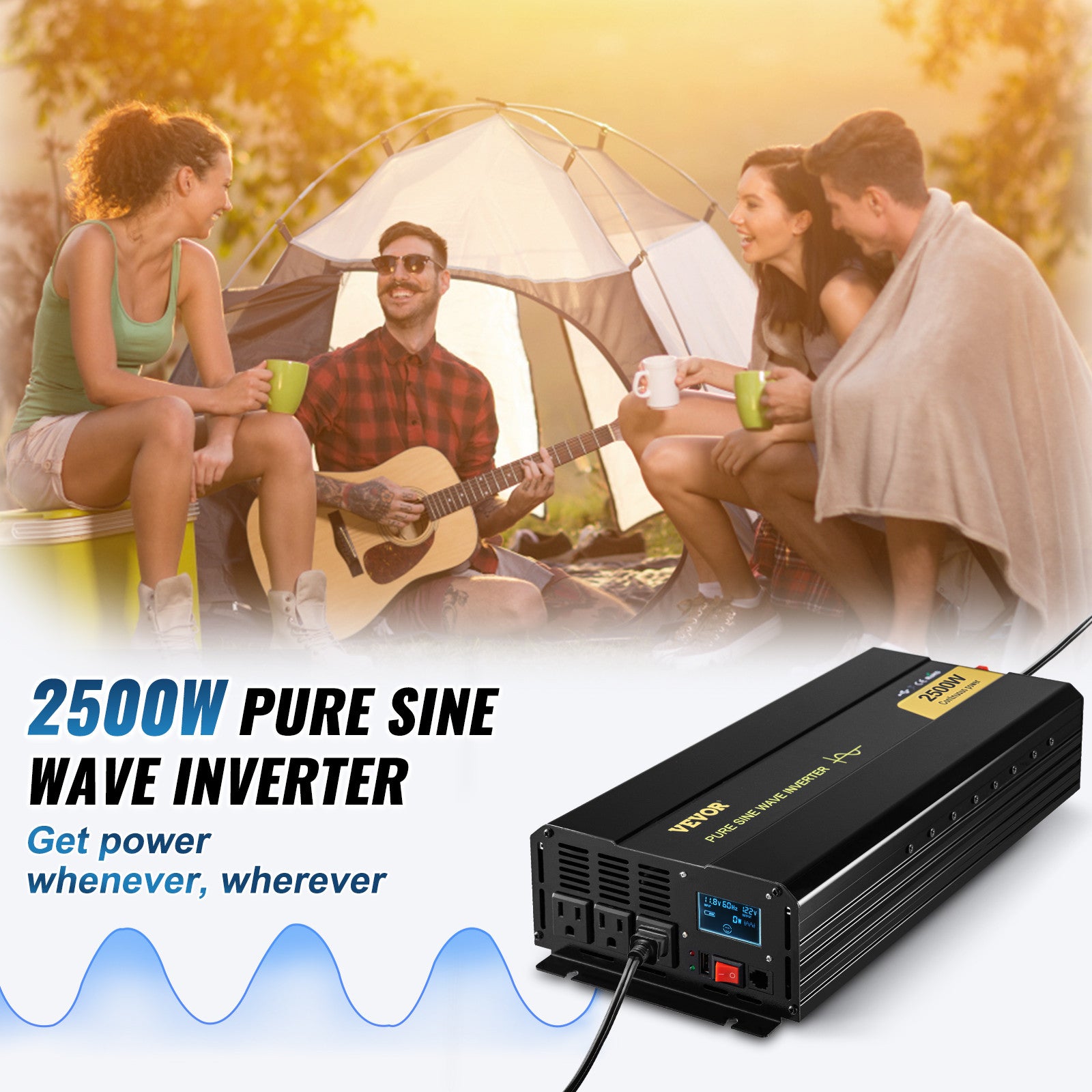 Pure Sine Wave Inverter Power Inverter 2500W DC12V to AC120V Inverter LCD