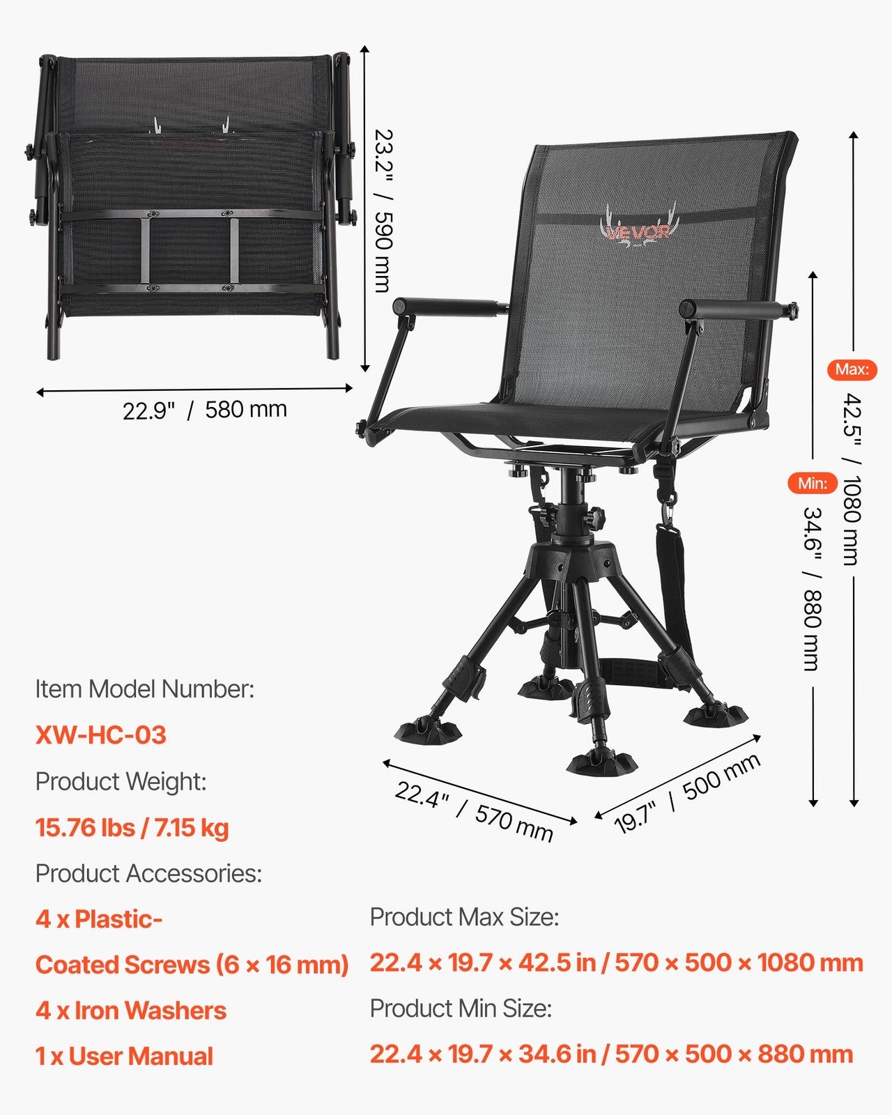 VEVOR Hunting Chair 360° Swivel Silent Folding Blind Chair Adjustable Legs