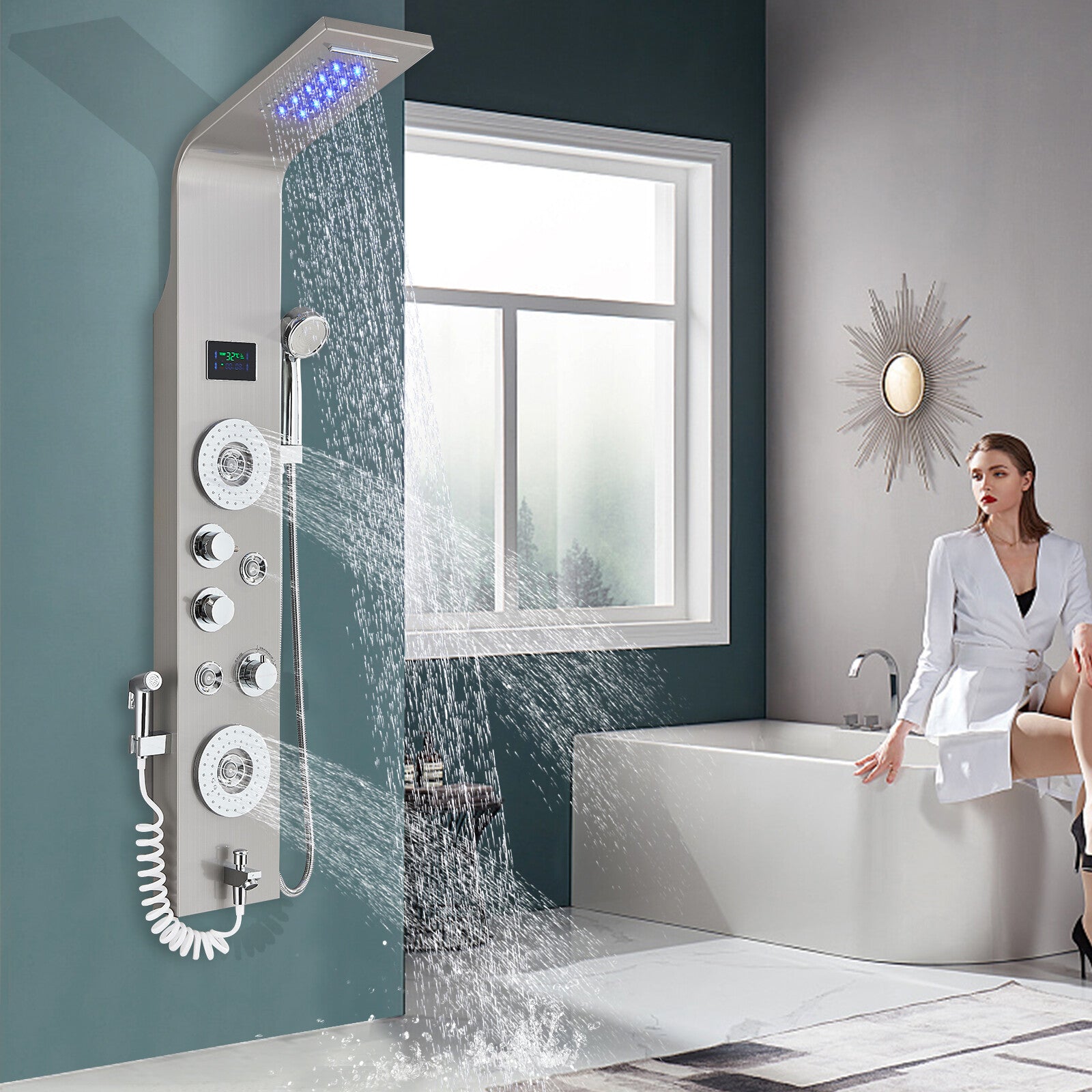 LED Shower Panel Tower Massage System Rain&Waterfall Jets Faucet Stainless Steel