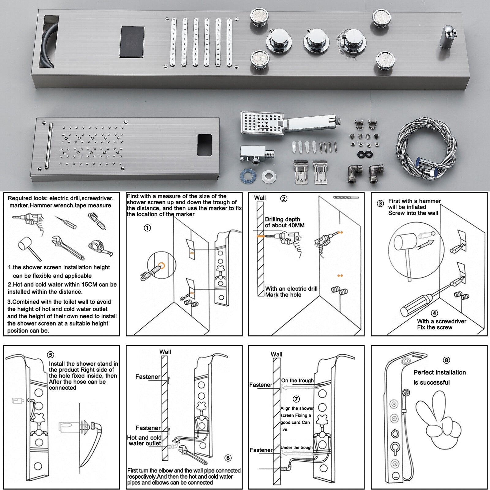 LED Shower Panel Tower Massage System Rain&Waterfall Jets Faucet Stainless Steel