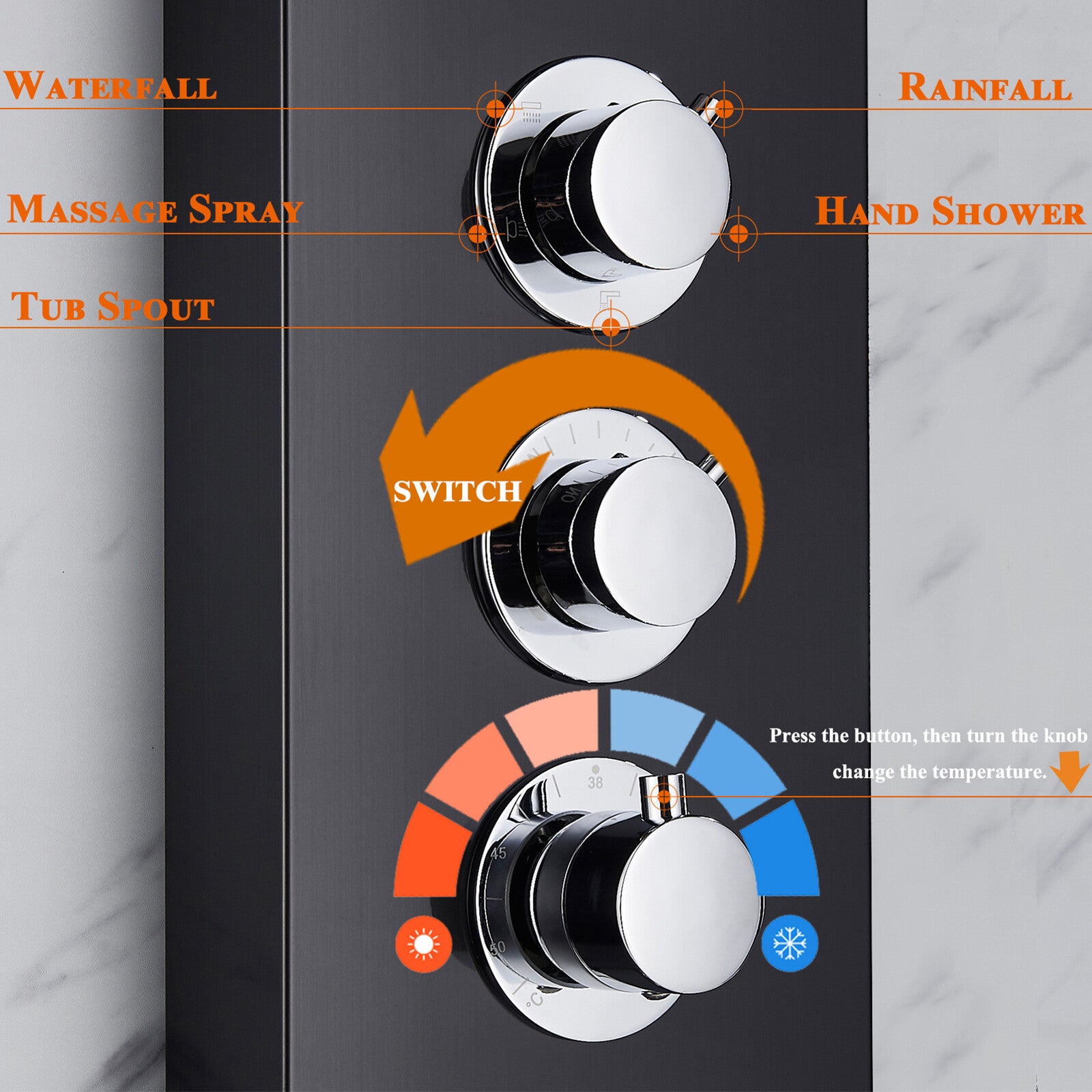 LED Shower Panel Tower Massage System Rain&Waterfall Jets Faucet Stainless Steel