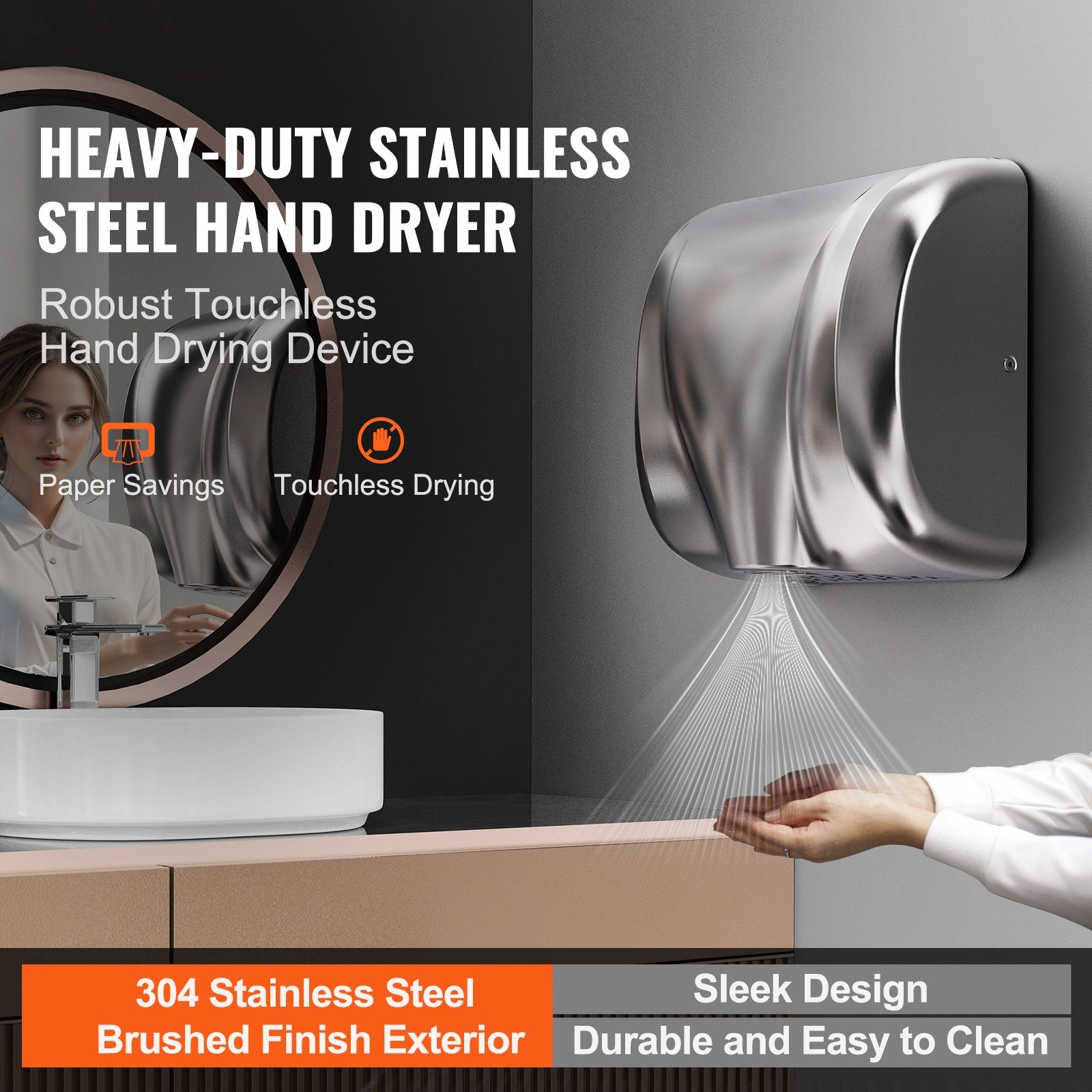 Uimoso 1300W Hand Dryer Commercial Automatic High Speed Stainless Steel
