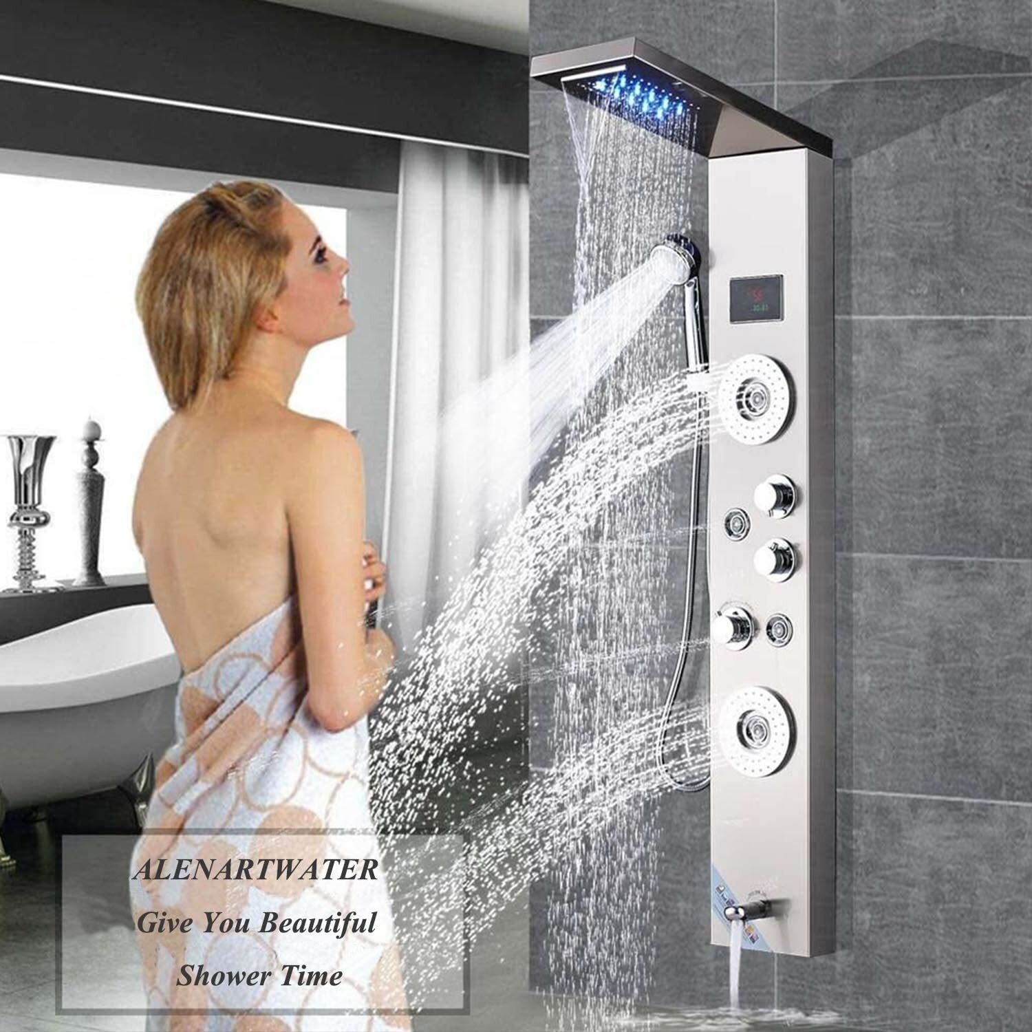 LED Shower Panel Tower Massage System Rain&Waterfall Jets Faucet Stainless Steel