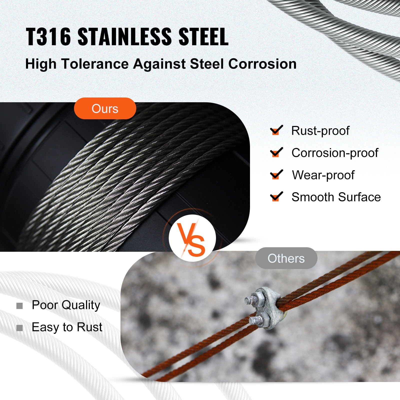 Uimoso T316 500Ft Stainless Steel Cable 3/16" Cable Railing Wire Rope Cable 1x19