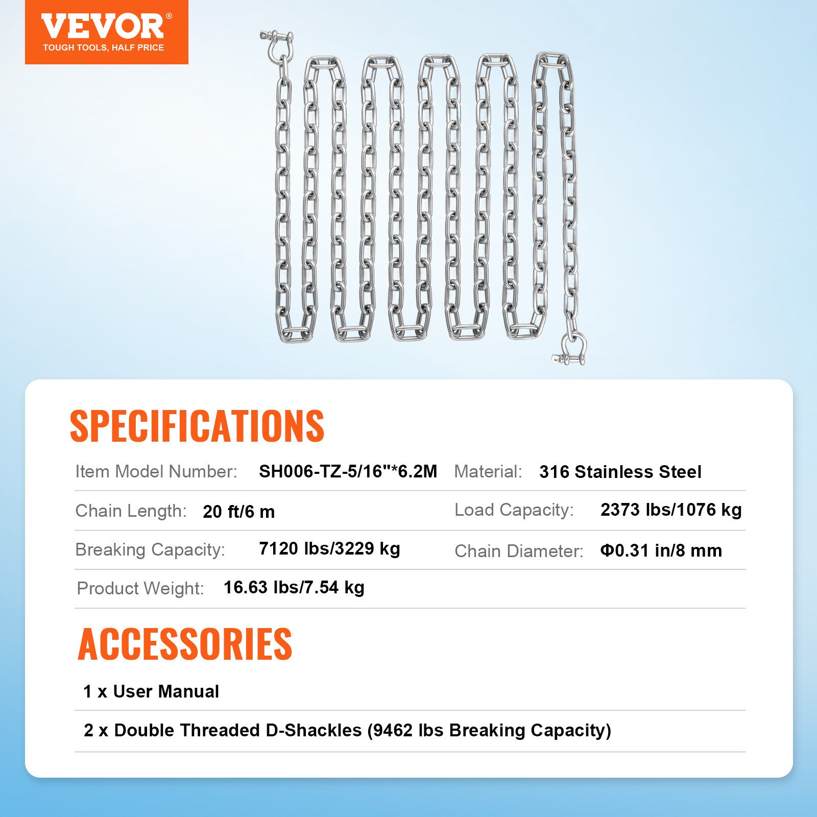 VEVOR 20 ft Anchor Boat Chain 5/16" 316 Stainless Steel with Two Shackles