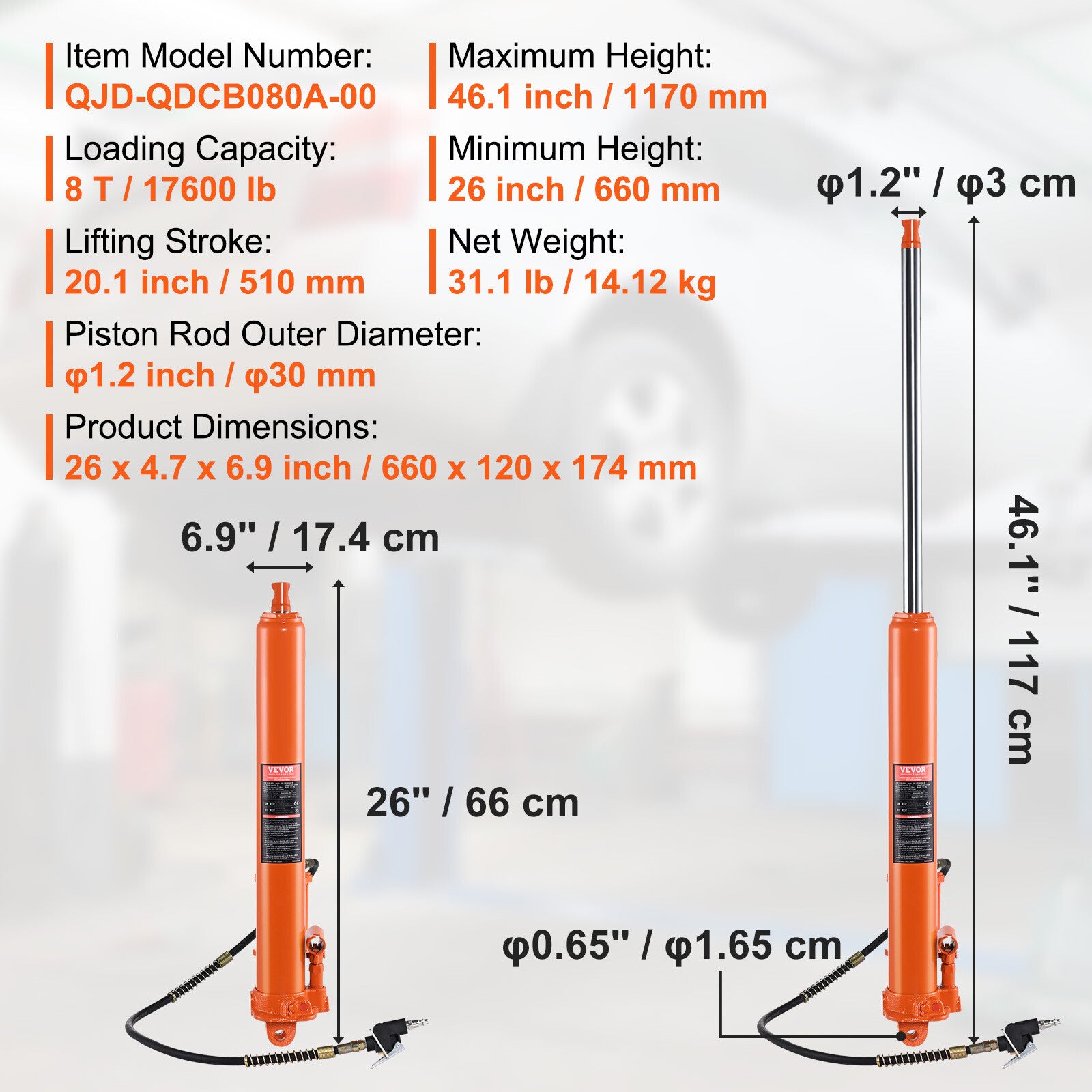 VEVOR Hydraulic Air Long Ram Jack 8Ton Clevis Base Engine Lift Hoist Single Pump
