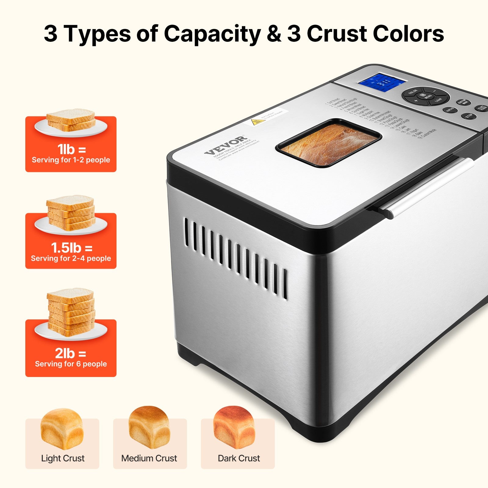 VEVOR 2LB 19-in-1 Bread Maker Automatic Compact Dough Machine Nonstick 3 Colors