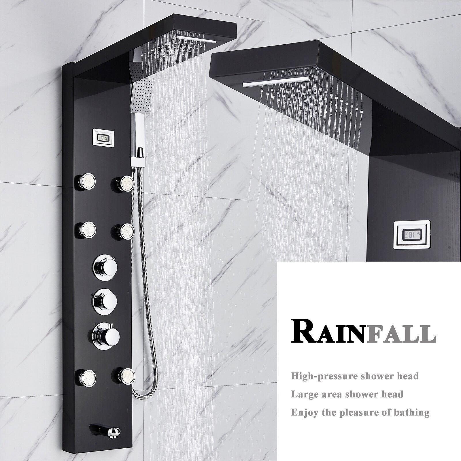 LED Shower Panel Tower Massage System Rain&Waterfall Jets Faucet Stainless Steel