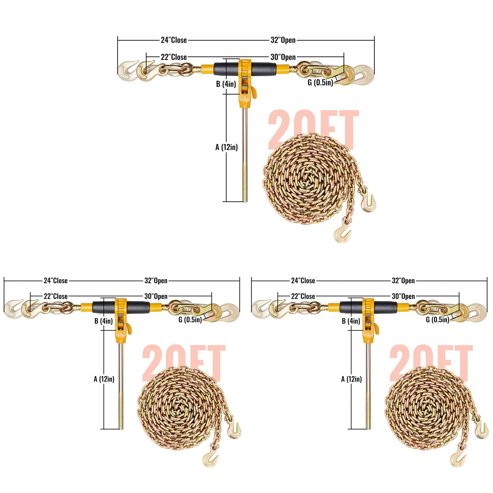 VEVOR 2/4 Pack Ratchet Binder 5/16"-3/8",3/8"-1/2" Load Binders w/G80 20' Chains