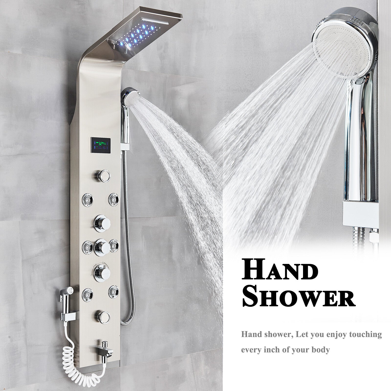LED Shower Panel Tower Massage System Rain&Waterfall Jets Faucet Stainless Steel