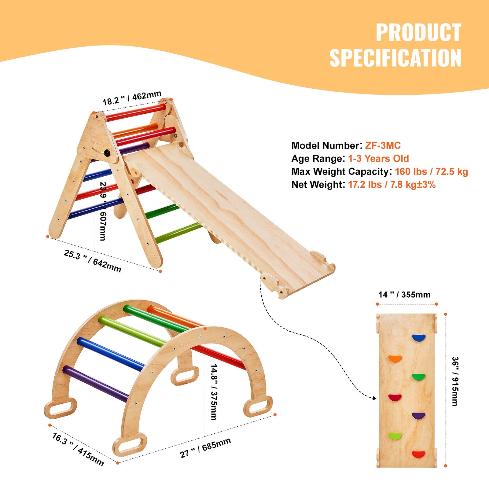 Pikler Triangle Set 5in1 Montessori Climbing Toys for Toddlers M Colorful
