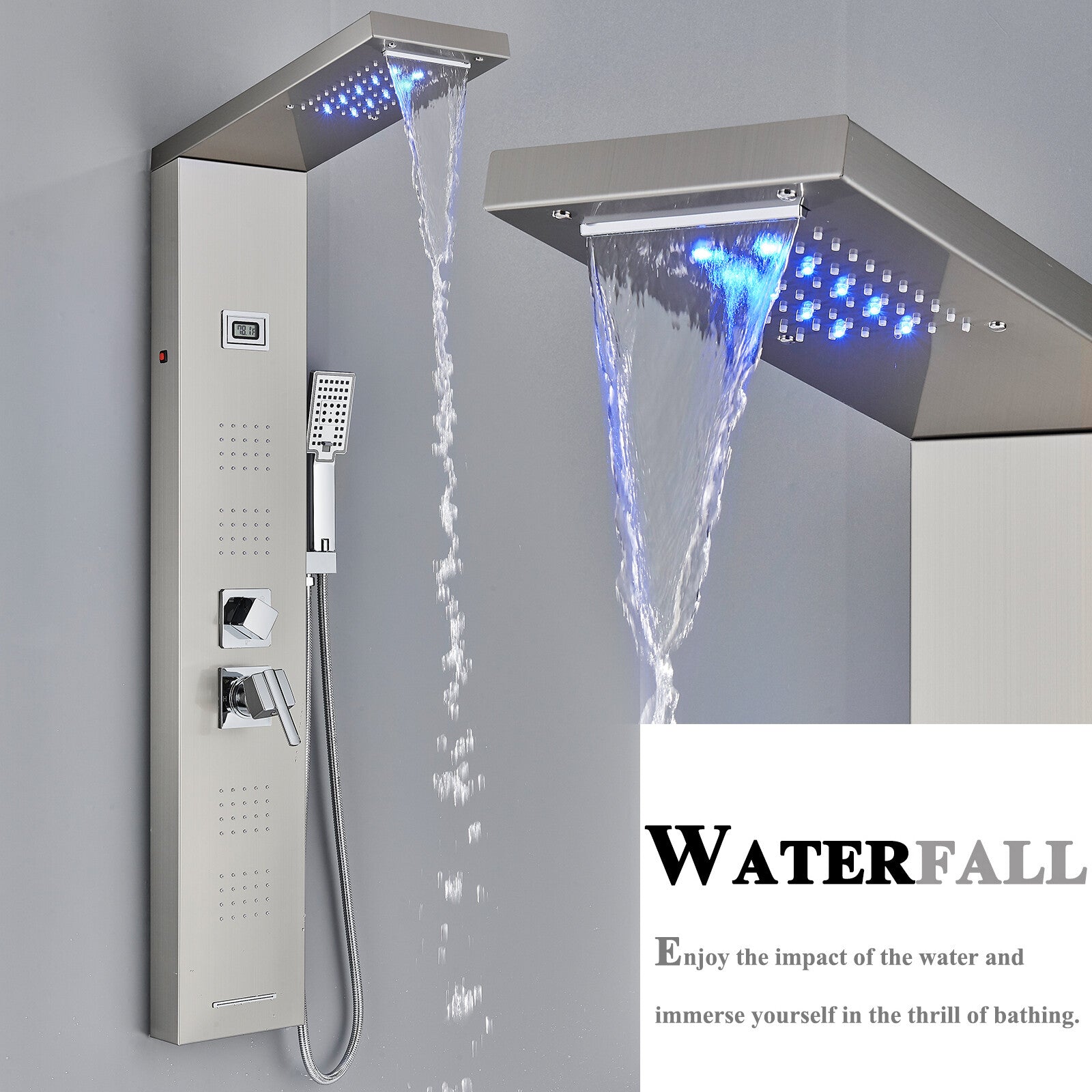 LED Shower Panel Tower Massage System Rain&Waterfall Jets Faucet Stainless Steel