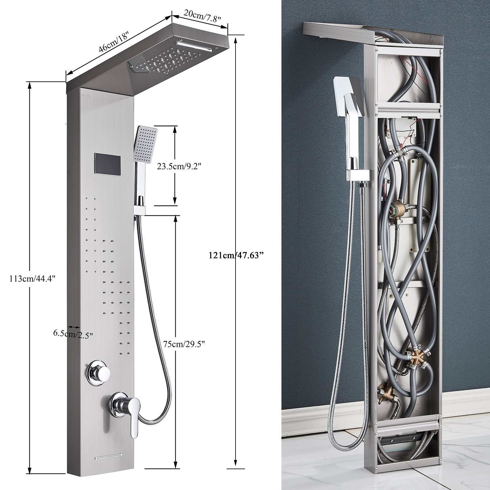 LED Shower Panel Tower Massage System Rain&Waterfall Jets Faucet Stainless Steel