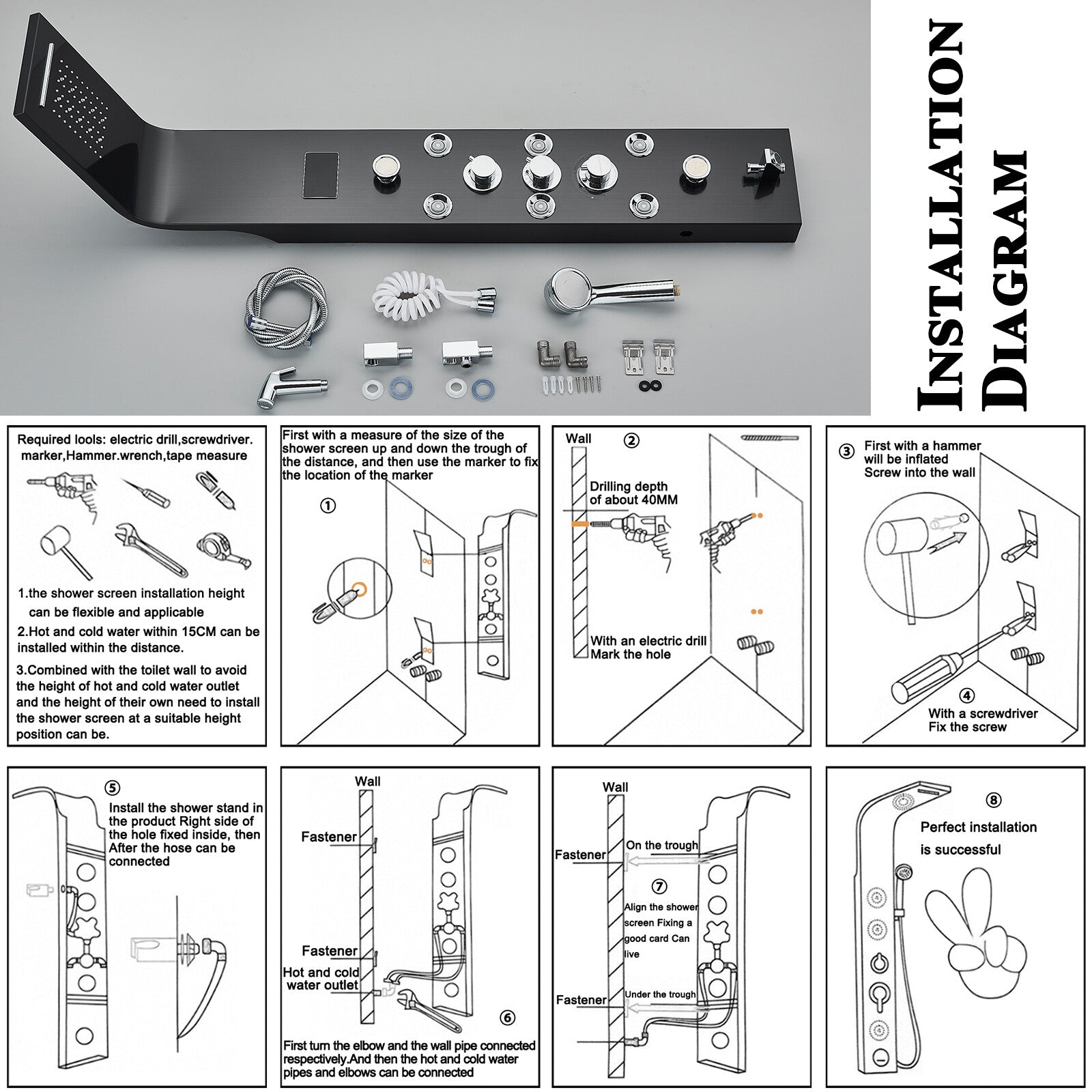LED Shower Panel Tower Massage System Rain&Waterfall Jets Faucet Stainless Steel