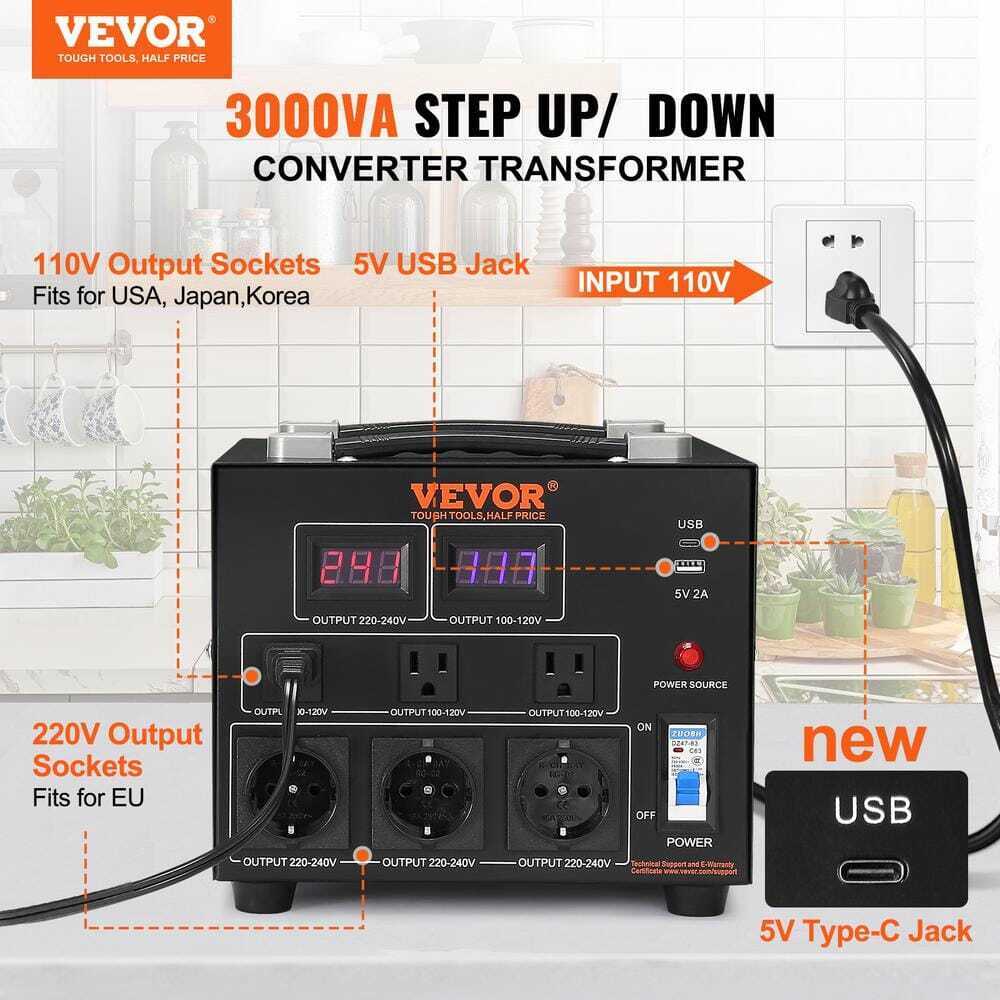 VEVOR 3000W Voltage Converter Transformer Step Up/Down 220V-110V /110V-220V CE