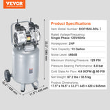 VEVOR 13 Gallon Air Compressor 2HP 4.6SCFM@90PSI Oil Free Air Compressor 125PSI