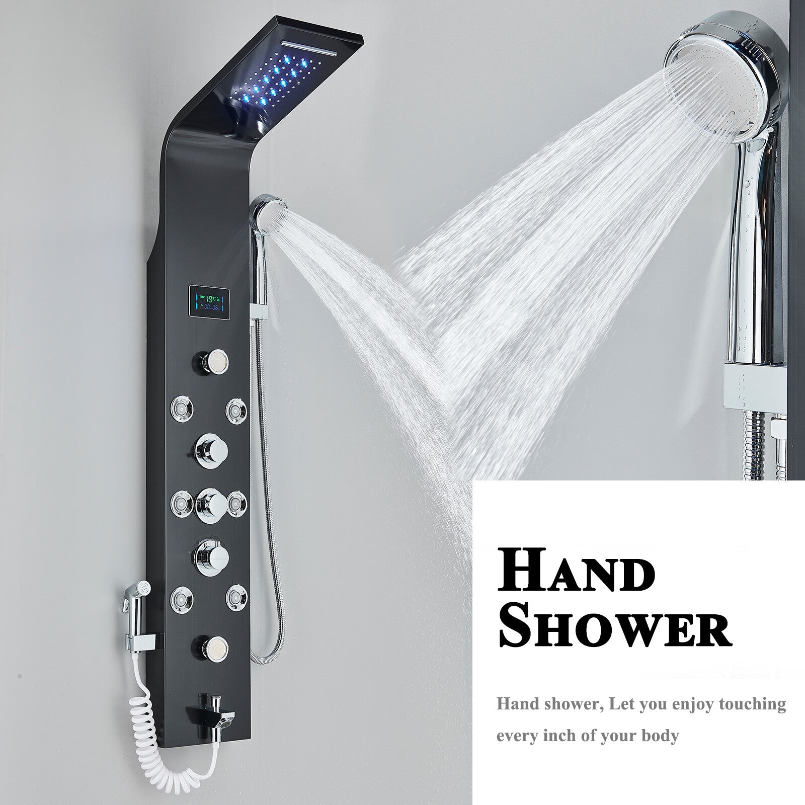 LED Shower Panel Tower Massage System Rain&Waterfall Jets Faucet Stainless Steel