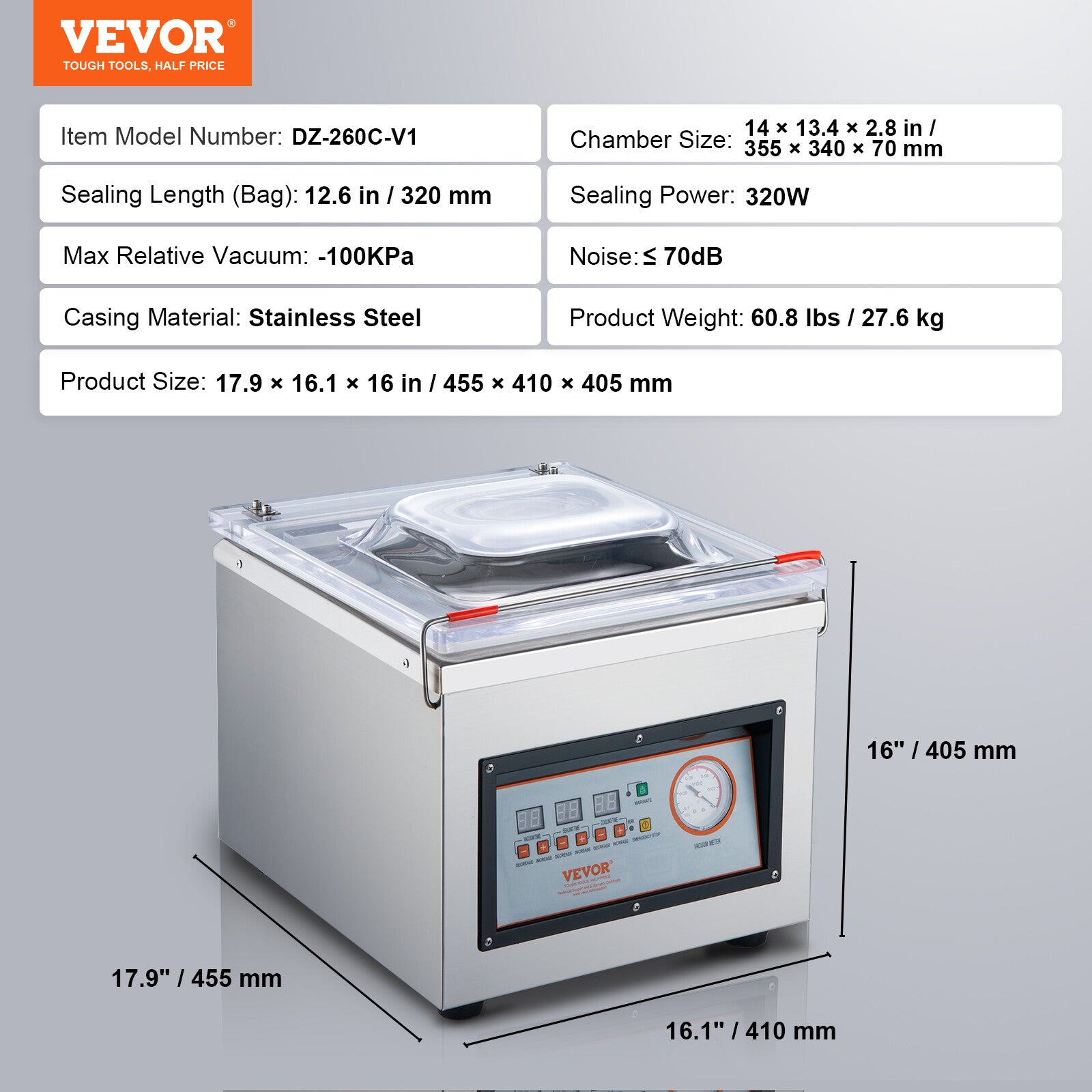 VEVOR Chamber Vacuum Sealer DZ-260C Commercial Sealing Packing Machine 320W