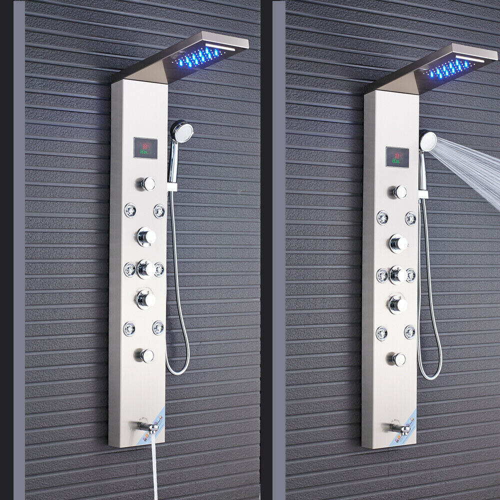 LED Shower Panel Tower Massage System Rain&Waterfall Jets Faucet Stainless Steel