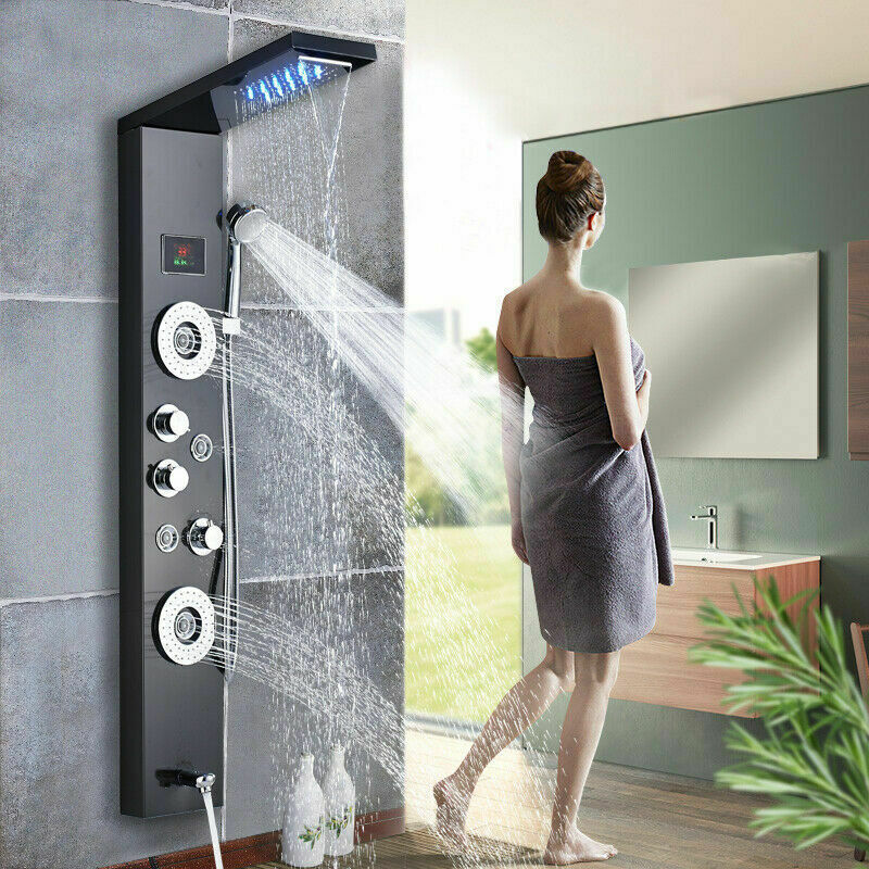 LED Shower Panel Tower Massage System Rain&Waterfall Jets Faucet Stainless Steel