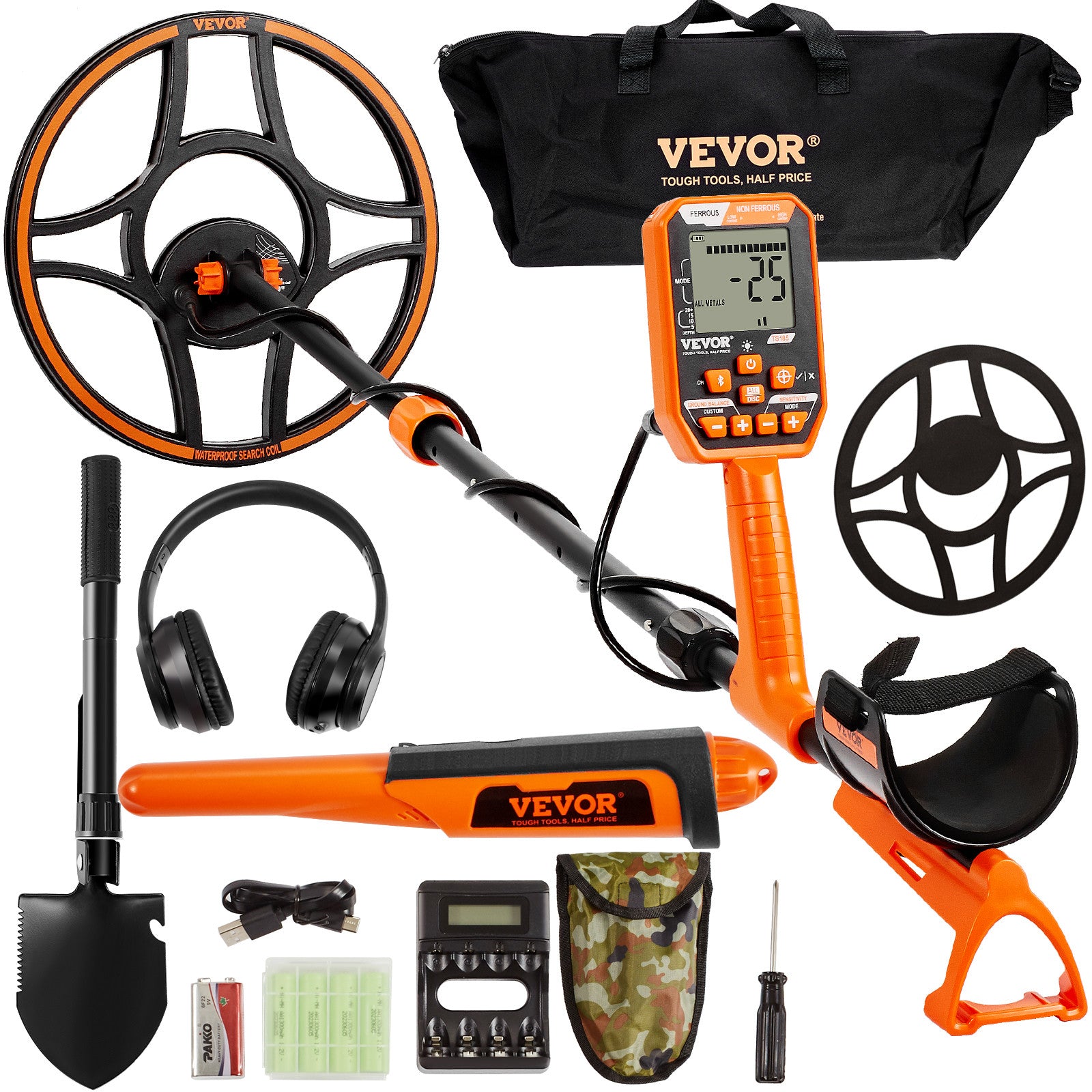VEVOR Waterproof Metal Detector Professional Rechargeable Gold Detector 12" Coil
