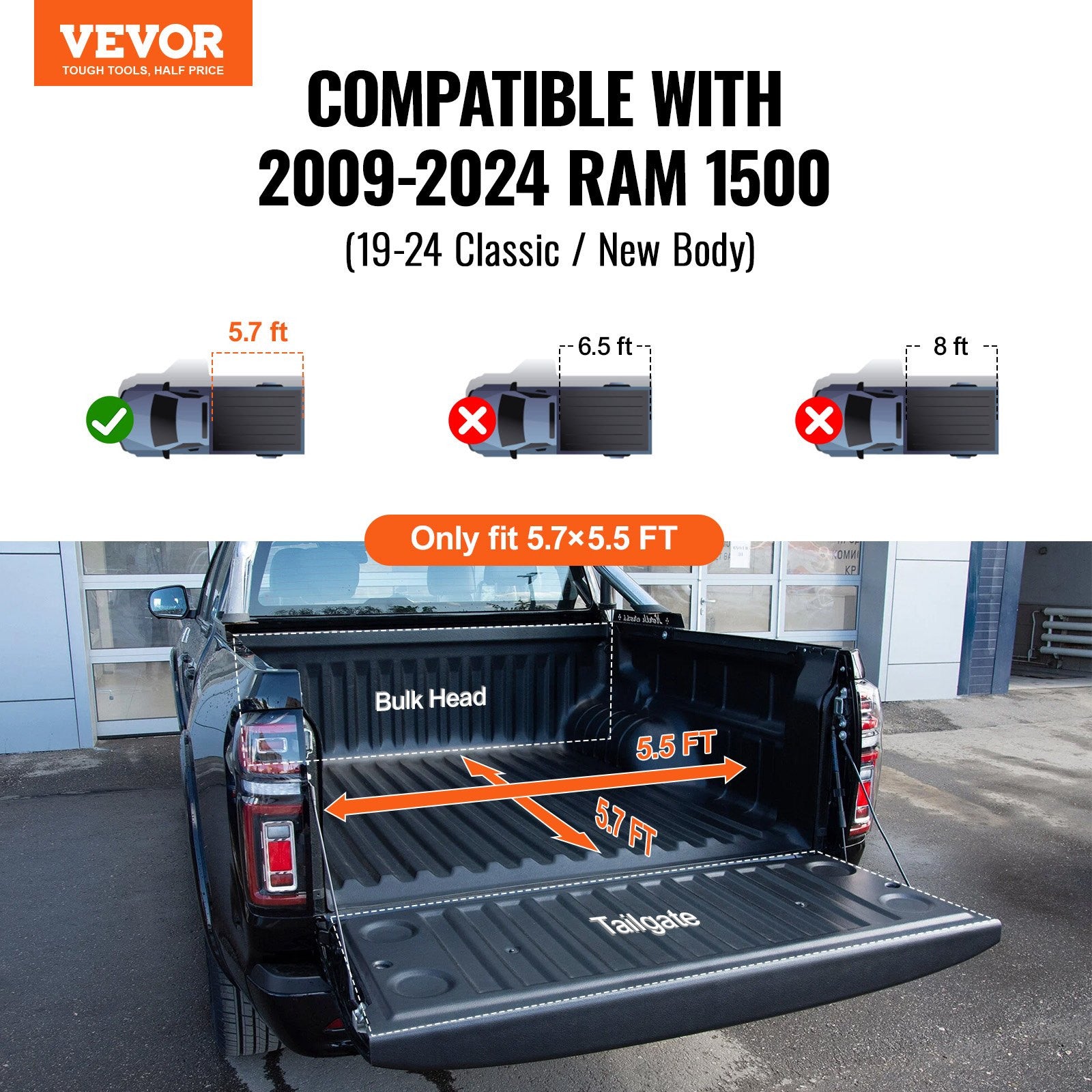 VEVOR Tri-Fold Truck Bed Tonneau Cover, Compatible with 2009-2024 Ram 1500 (19-2