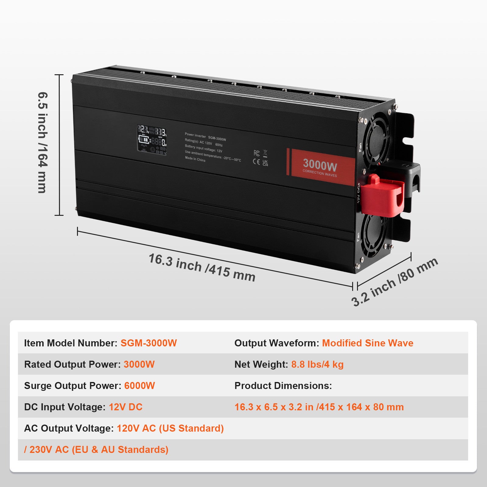 Power Inverter 3000W 6000W 12V DC to 110V 120V AC LCD Outdoor for Car Truck Home