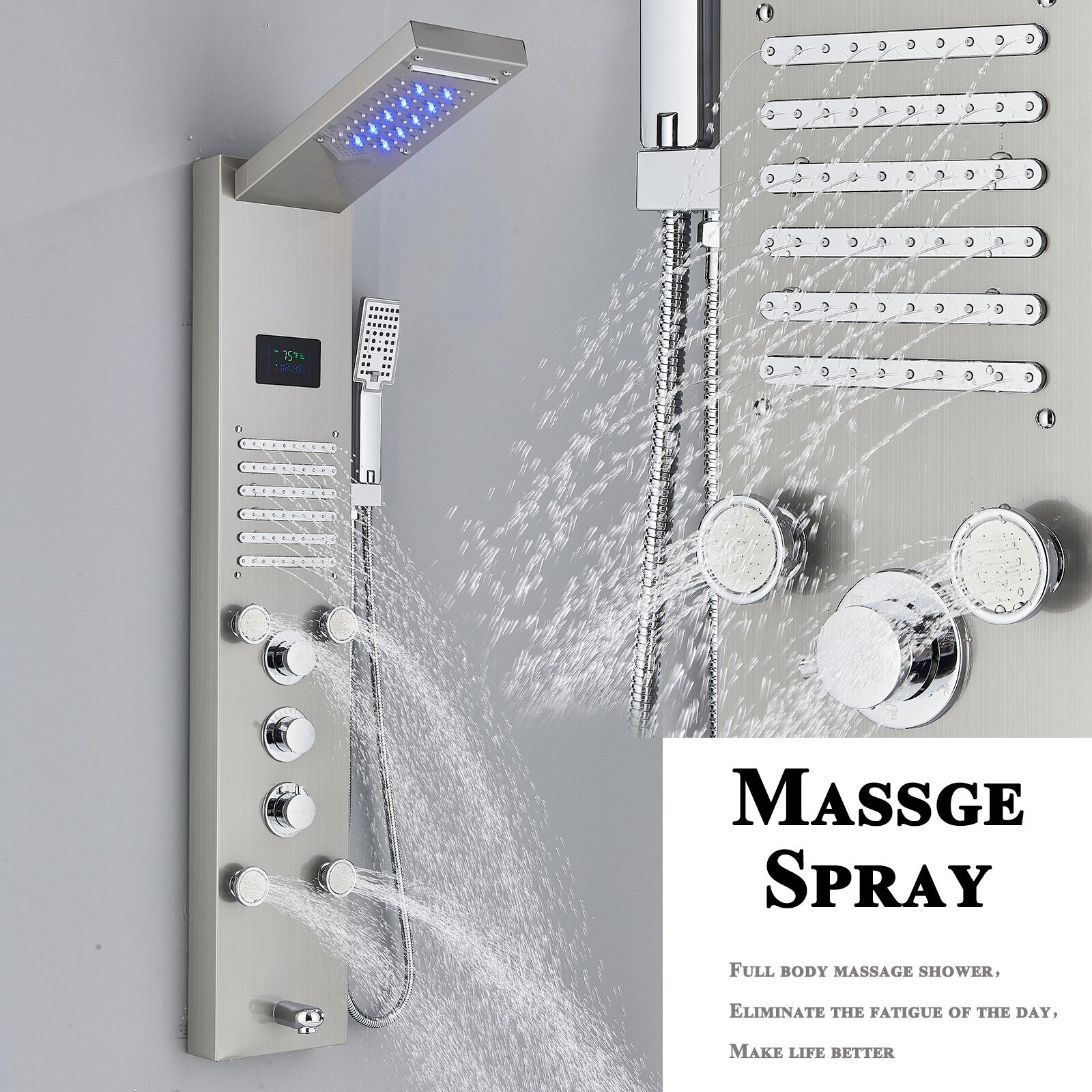 LED Shower Panel Tower Massage System Rain&Waterfall Jets Faucet Stainless Steel