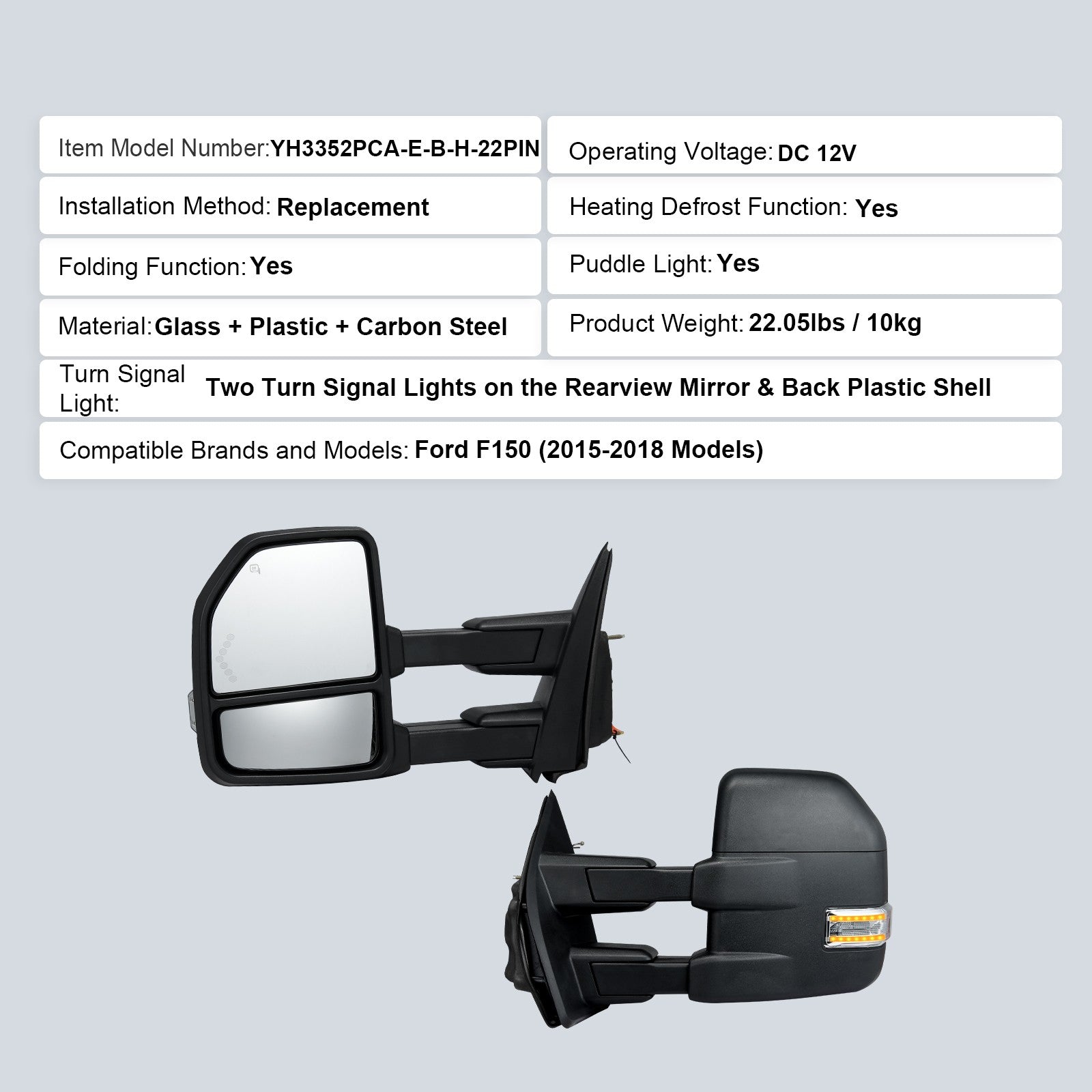 Power Heated Tow Mirrors for 2015-2018 Ford F150 Signal Lights Foldable