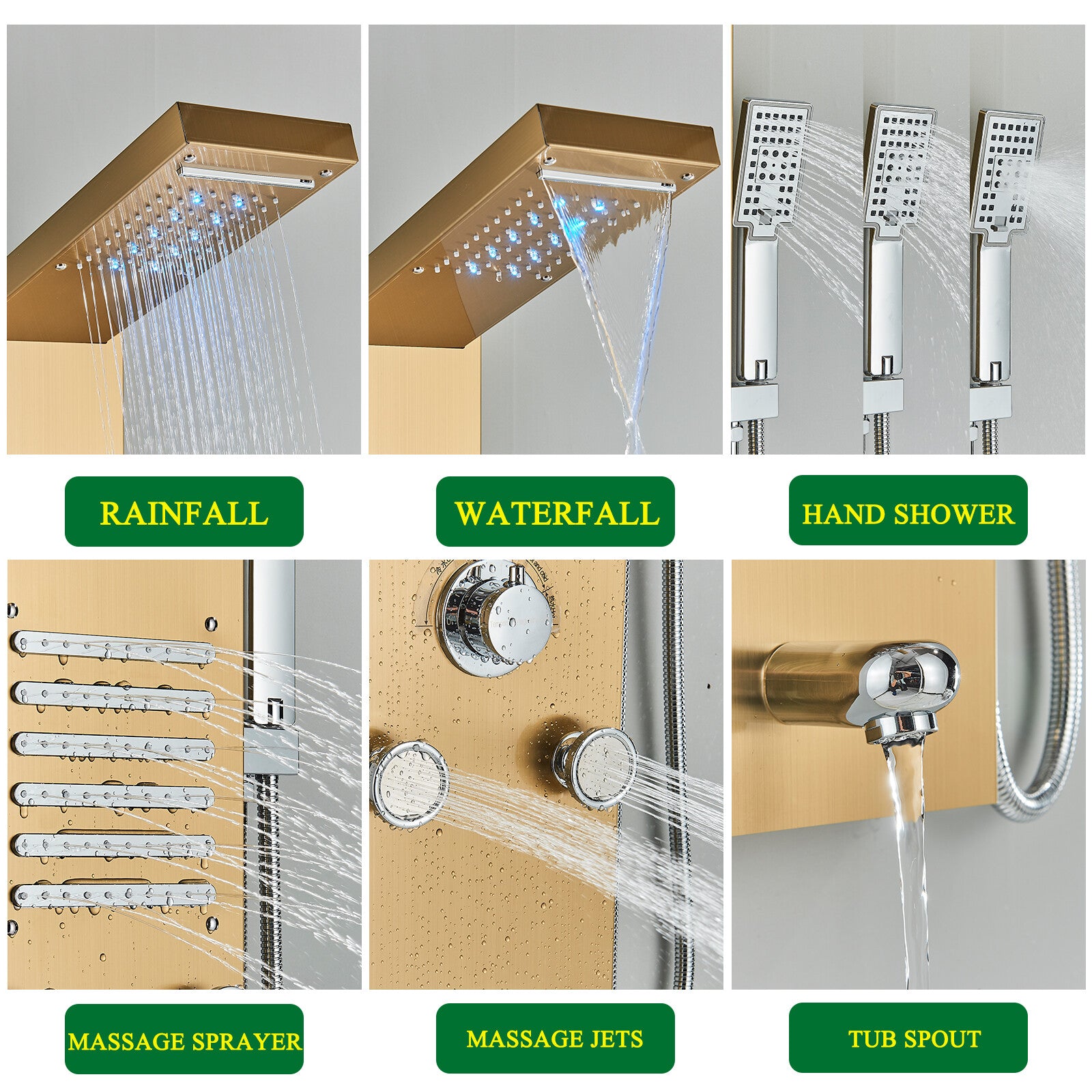 LED Shower Panel Tower Massage System Rain&Waterfall Jets Faucet Stainless Steel