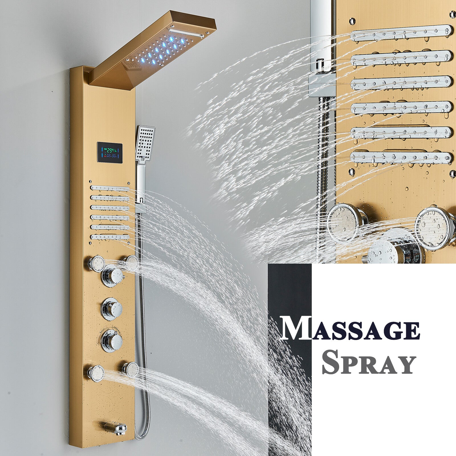 LED Shower Panel Tower Massage System Rain&Waterfall Jets Faucet Stainless Steel