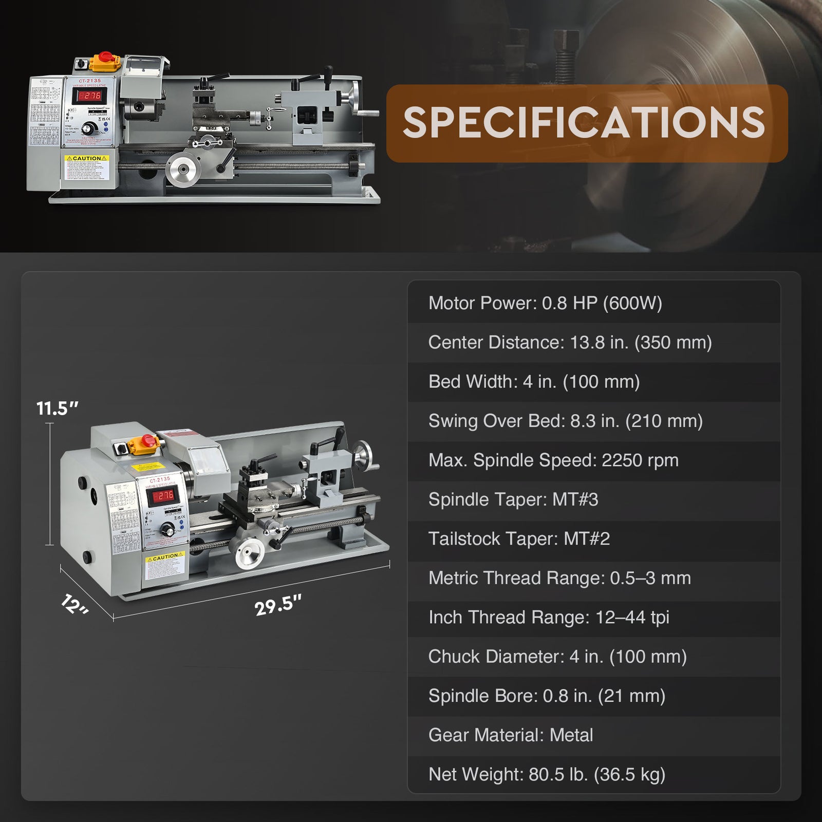 8"x14" Mini Metal Lathe Variable Speed Digital Metalworking Machine 2250RPM 600W