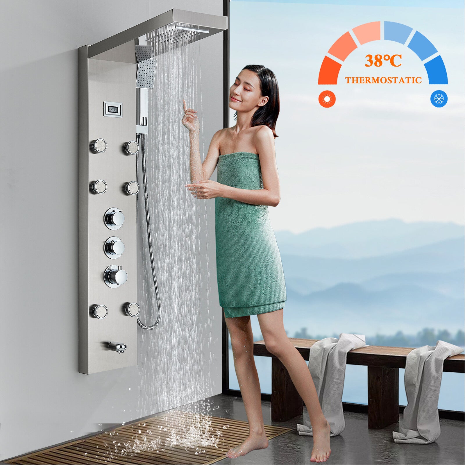 LED Shower Panel Tower Massage System Rain&Waterfall Jets Faucet Stainless Steel