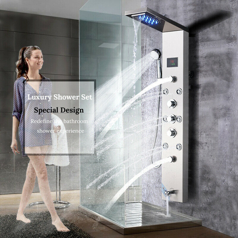 LED Shower Panel Tower Massage System Rain&Waterfall Jets Faucet Stainless Steel