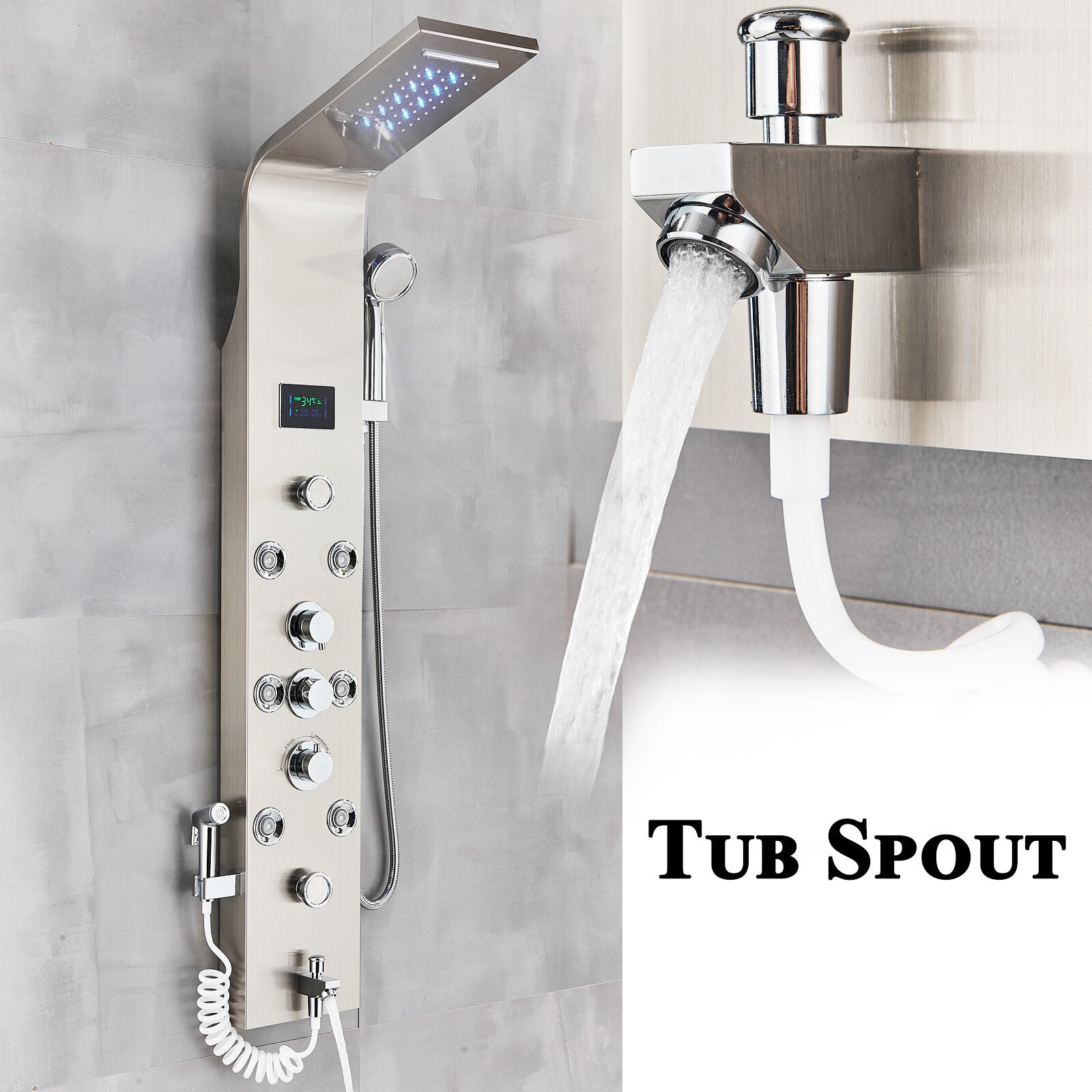 LED Shower Panel Tower Massage System Rain&Waterfall Jets Faucet Stainless Steel