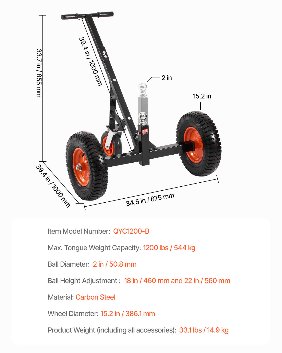 VEVOR 1200lbs Trailer Dolly 18 and 22 in Adjustable Height 2 in Ball