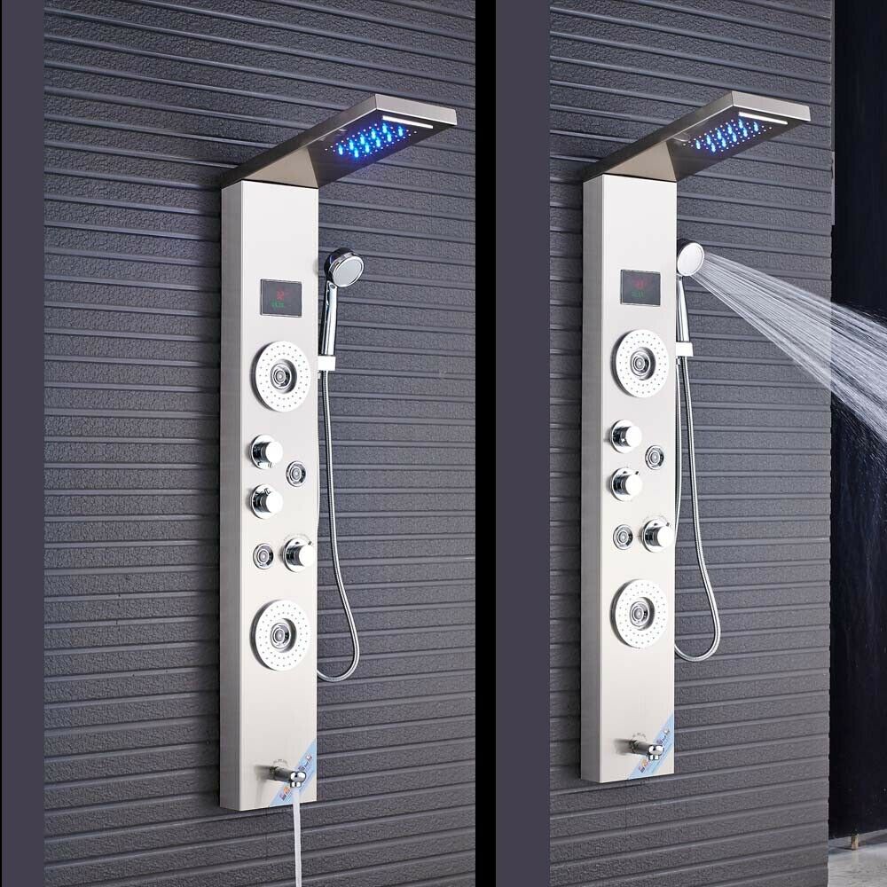 LED Shower Panel Tower Massage System Rain&Waterfall Jets Faucet Stainless Steel