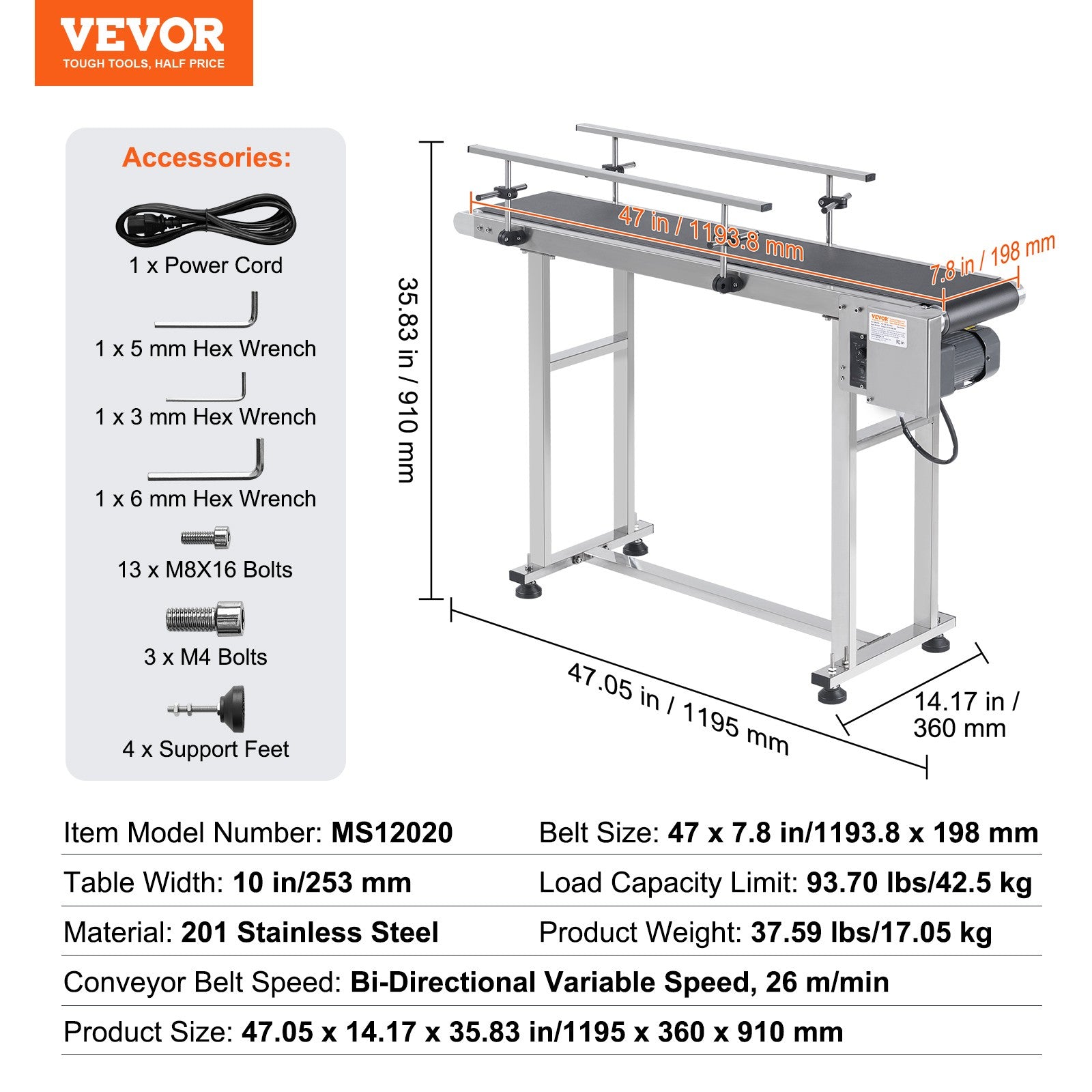 VEVOR Belt Conveyor PVC Stainless Steel Belt Conveyor 47"x7.8" Double Guardrail