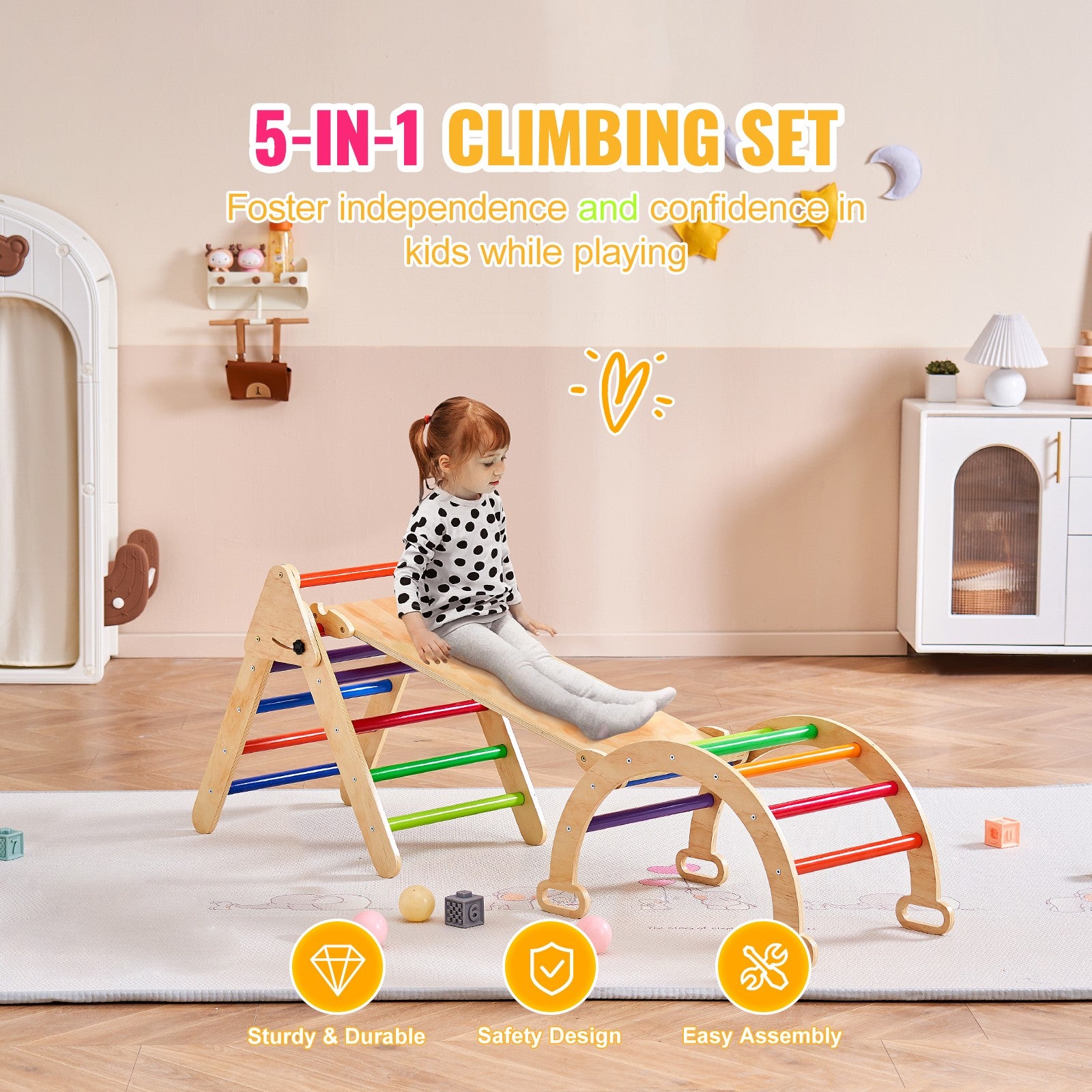 Pikler Triangle Set 5in1 Montessori Climbing Toys for Toddlers M Colorful