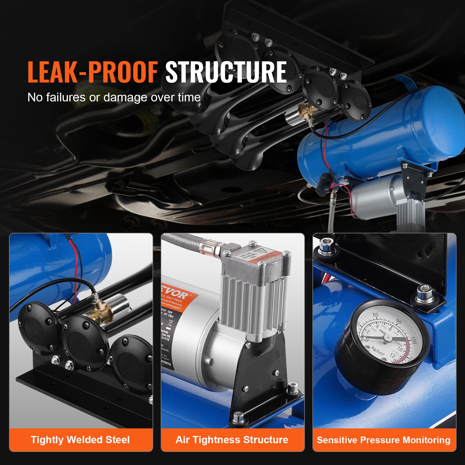 VEVOR Train Horns Kit 4 Trumpet Air Horn Kit 120 psi Air Compressor 1.6 Gal Tank