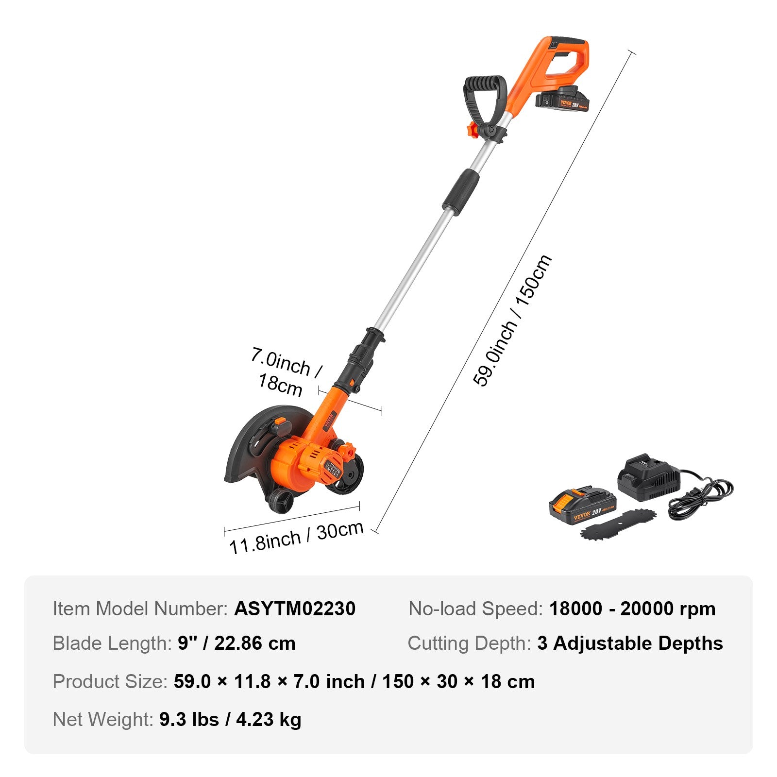 VEVOR Lawn Edger 20 V Battery Powered Cordless Edger 9" Blade 3-Position Depth