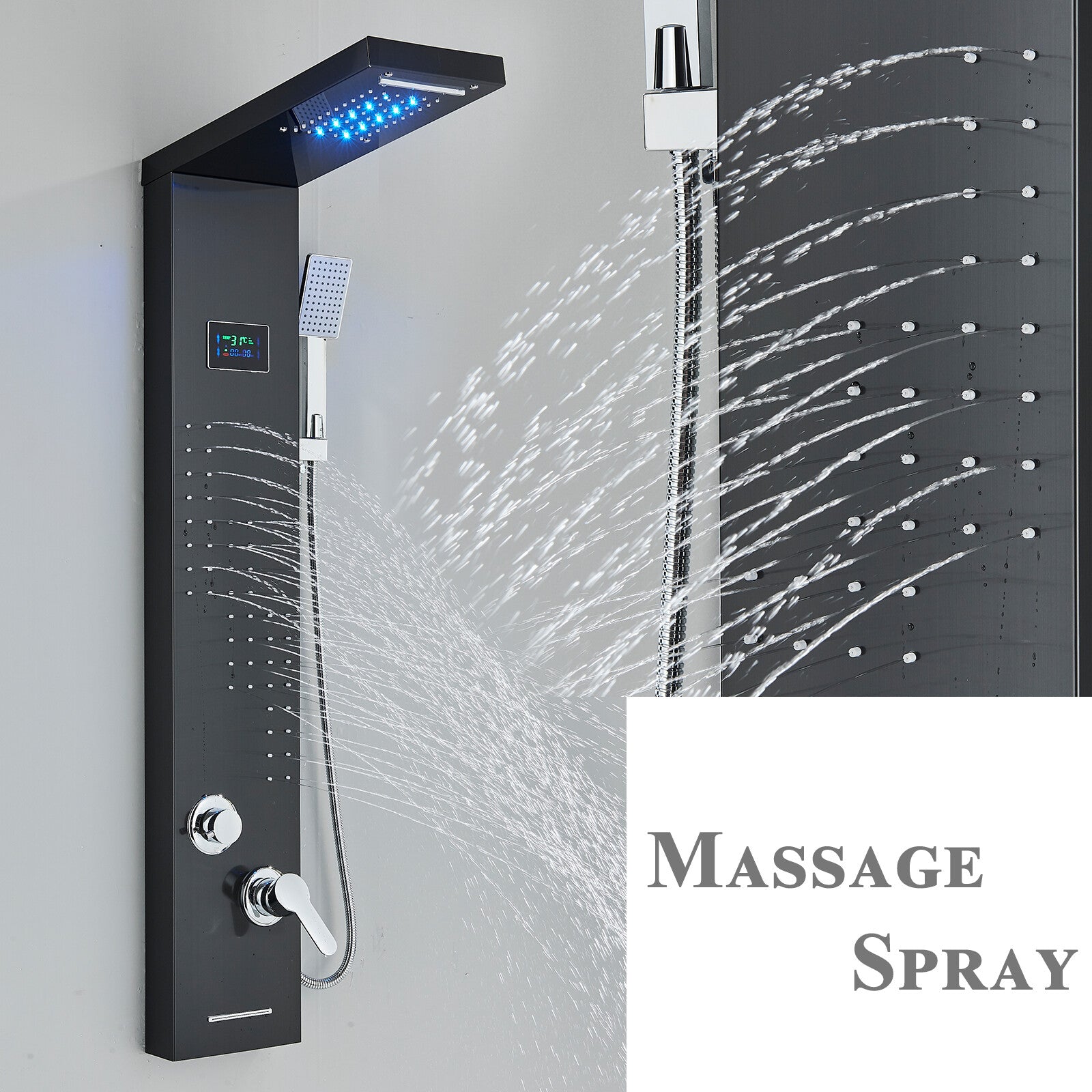 LED Shower Panel Tower Massage System Rain&Waterfall Jets Faucet Stainless Steel