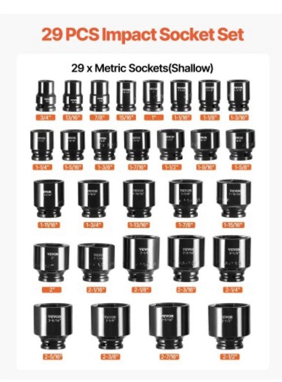 VEVOR 3/4" Impact Socket Set, 29-Piece, 6-Point, CR-M0, SAE 3/4"-2-1/2", w/ Case