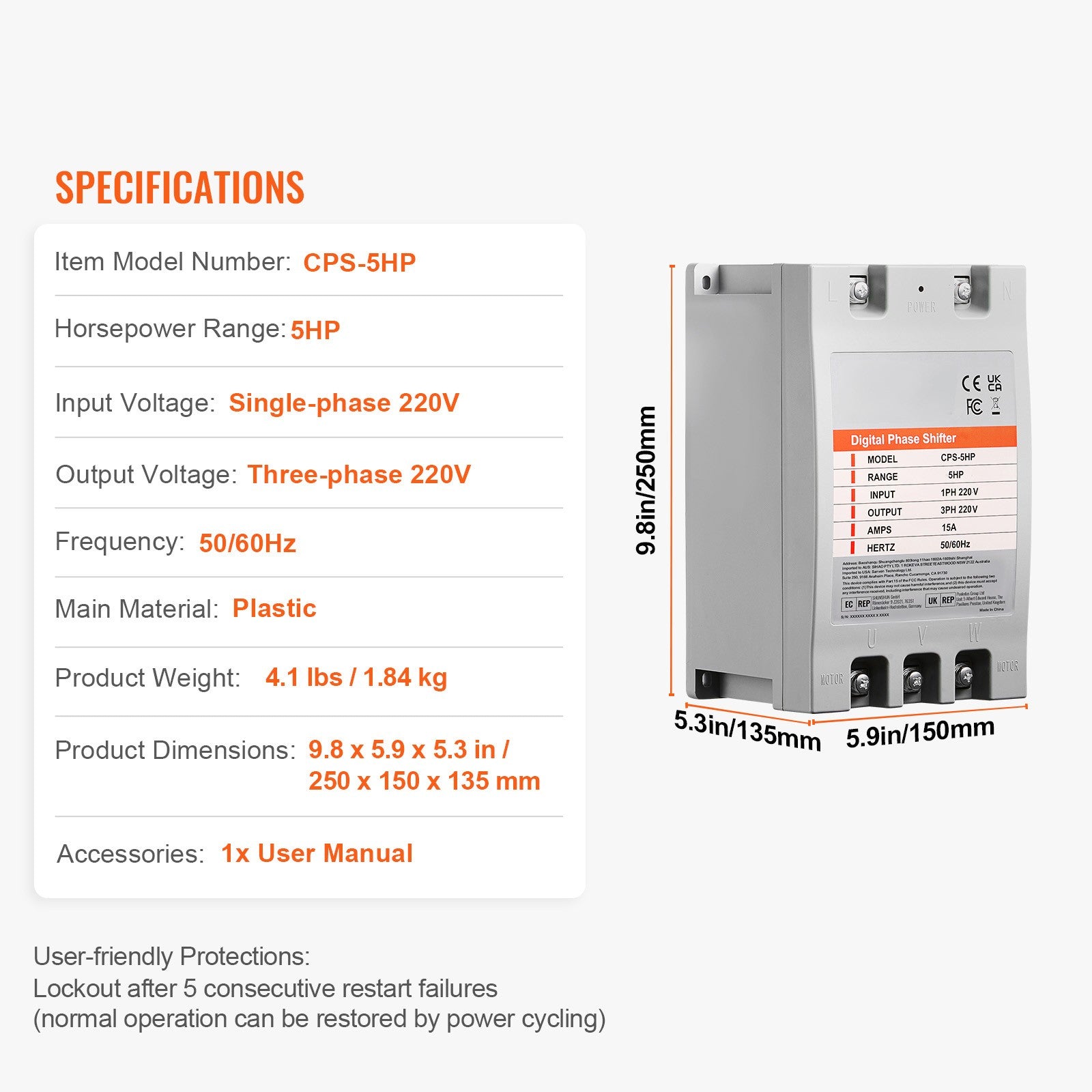 Uimoso 5HP Single 1 Phase to 3 Phase Converter Digital Phase Shifter 15A 220V