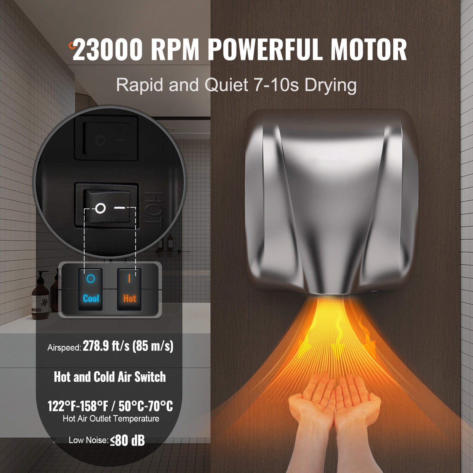 Uimoso 1300W Hand Dryer Commercial Automatic High Speed Stainless Steel
