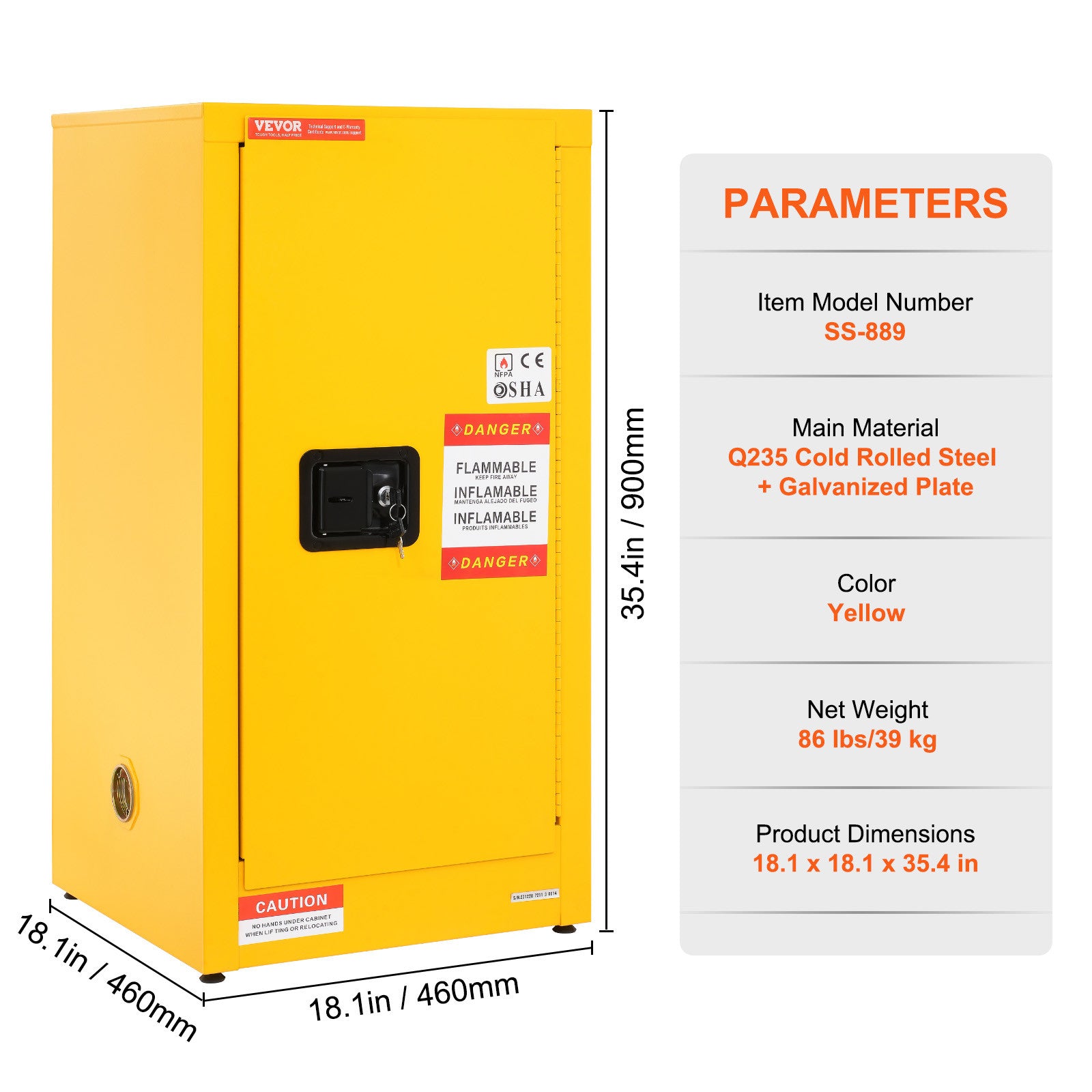 VEVOR Flammable Safety Cabinet Liquid Storage 16 Gal 18.1x18.1x35.4 in Cabinet