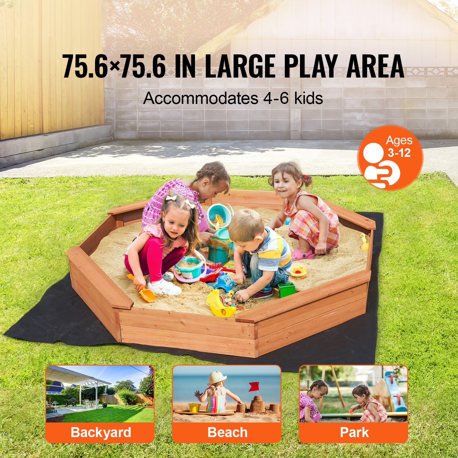 Uimoso Wooden Sandbox with Cover Octagonal Sand Box Sand Pit Outdoor Ages 3-12