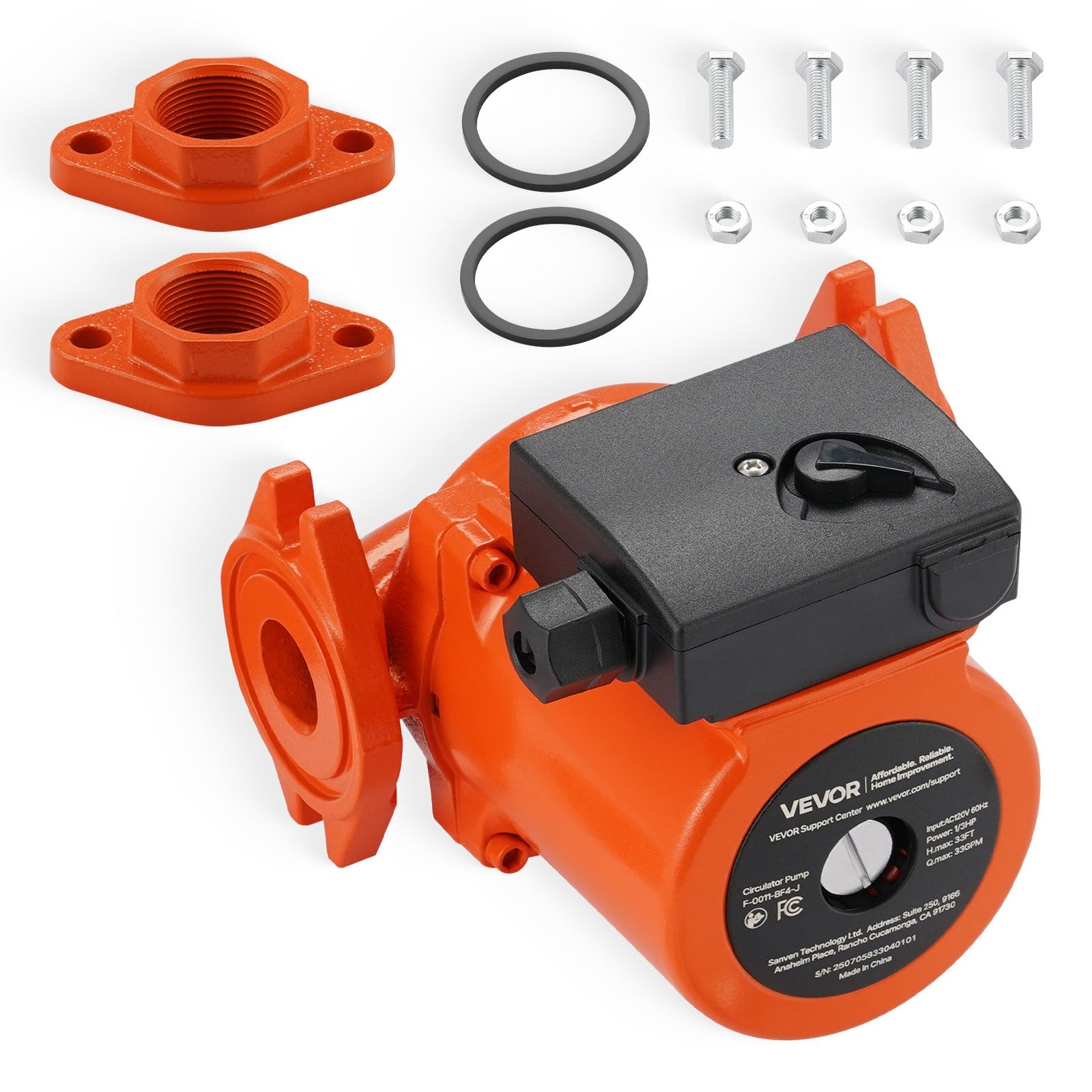 VEVOR F-0011-BF4-J Cast Iron Circulator Pump Hot Water Circulation 1/3 HP 33 GPM